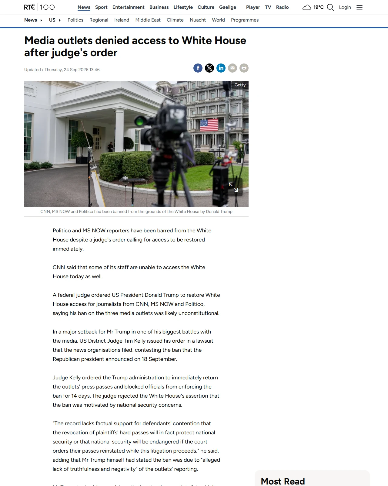 rte.ie as published: Media outlets denied White House access after court order
