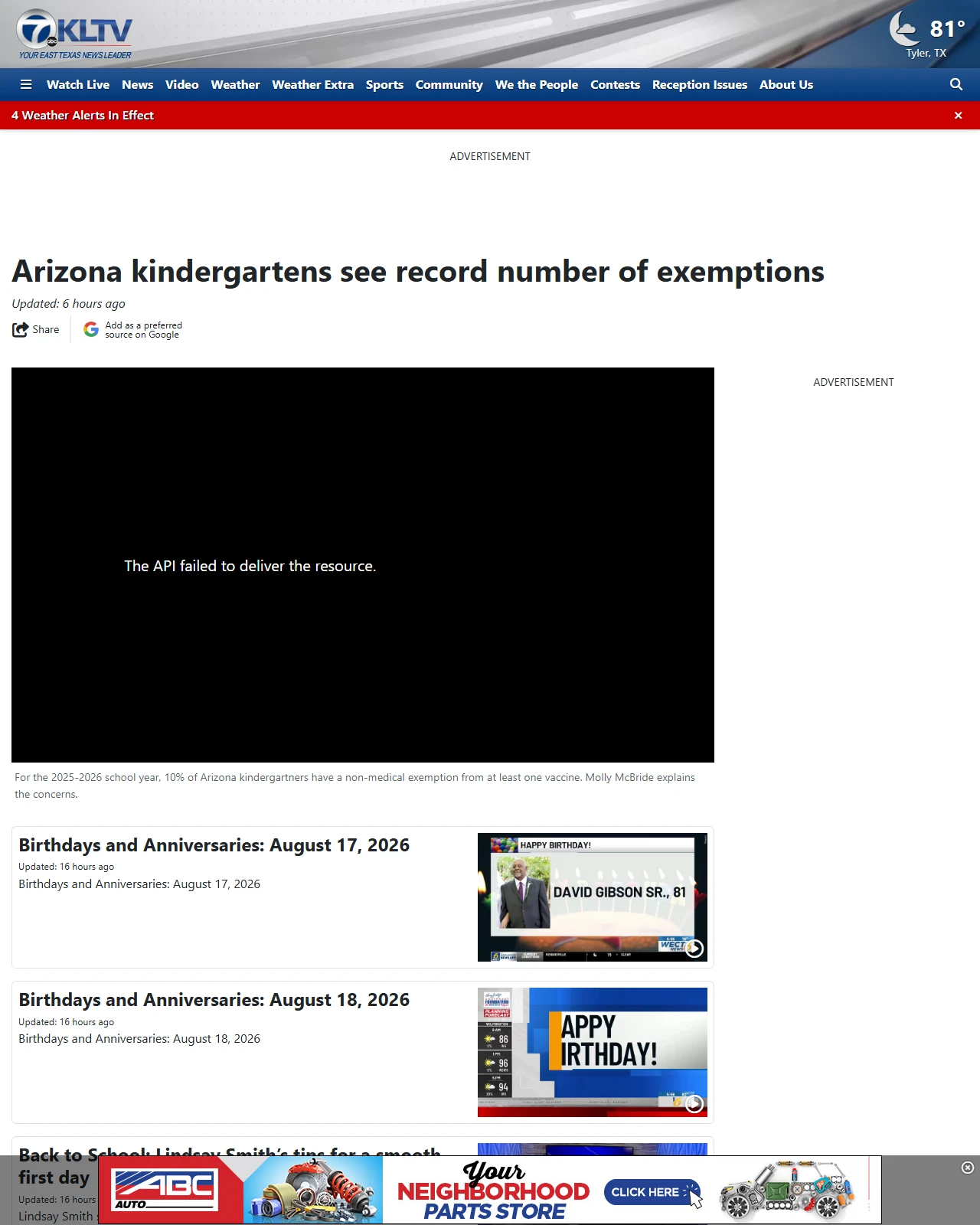kltv.com as published: Arizona kindergartens see record number of exemptions