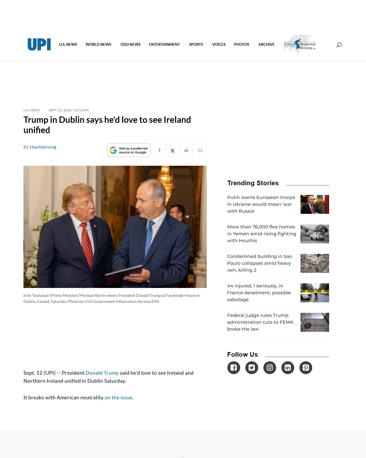 upi.com as published: Trump in Dublin says he'd love to see Ireland unified