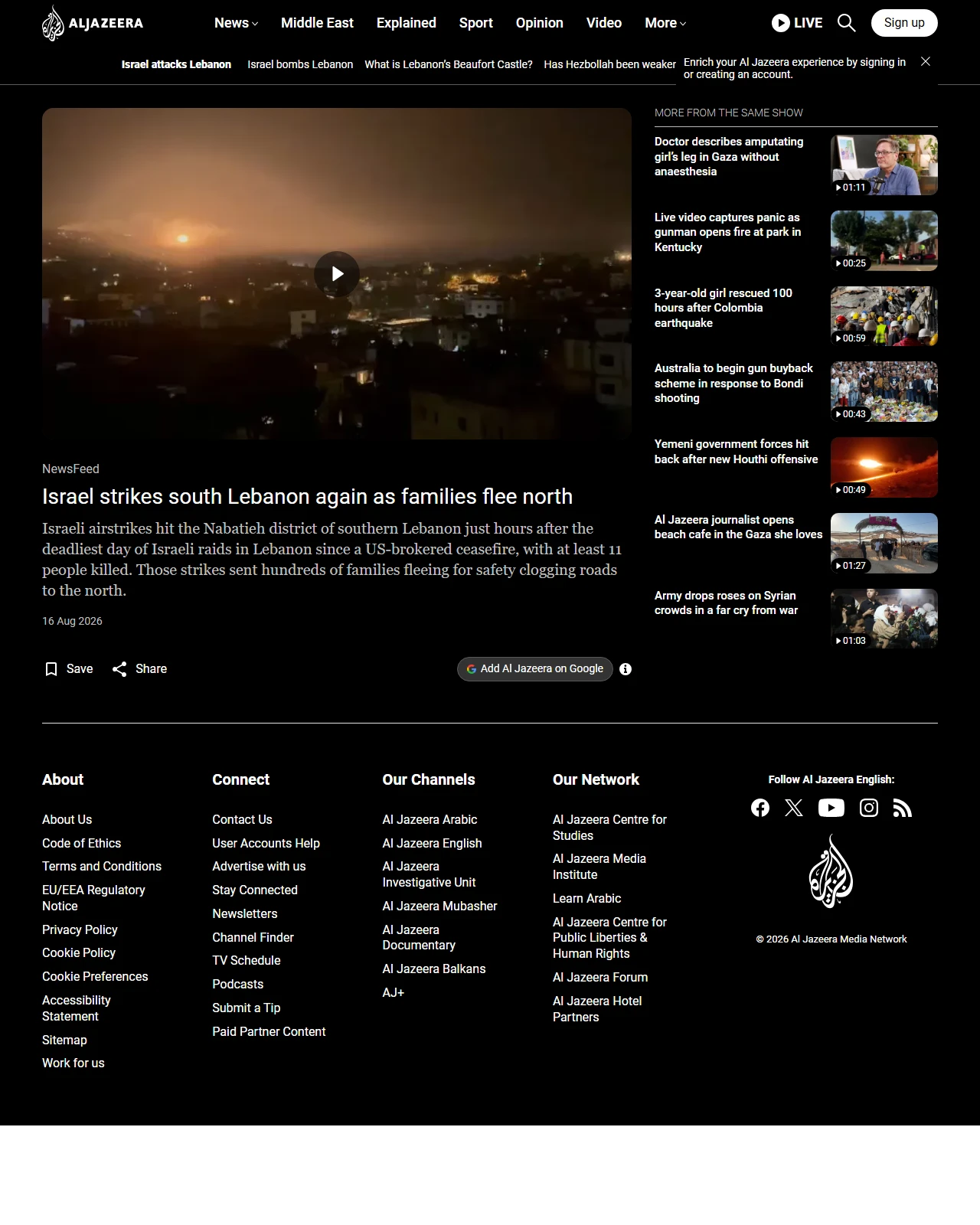 aljazeera.com as published: Israel strikes south Lebanon again as families flee north