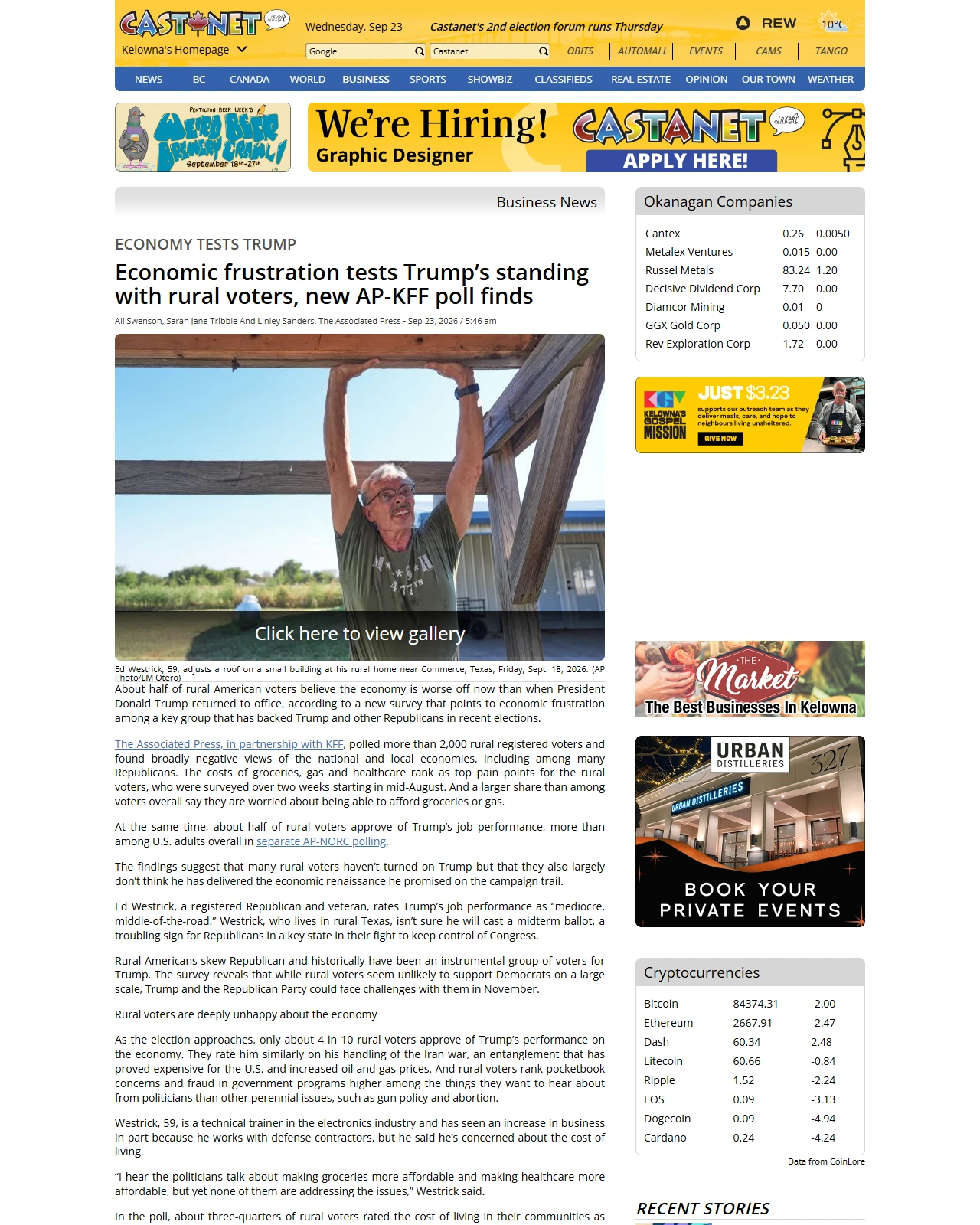 castanet.net as published: Economic frustration tests Trump’s standing with rural voters, new AP-KFF poll finds