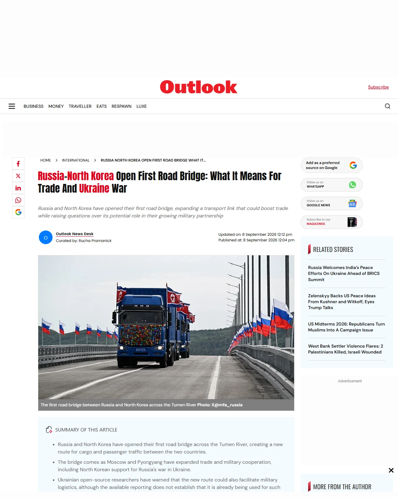 outlookindia.com as published: Russia-North Korea Open First Road Bridge: What It Means For Trade And Ukraine War