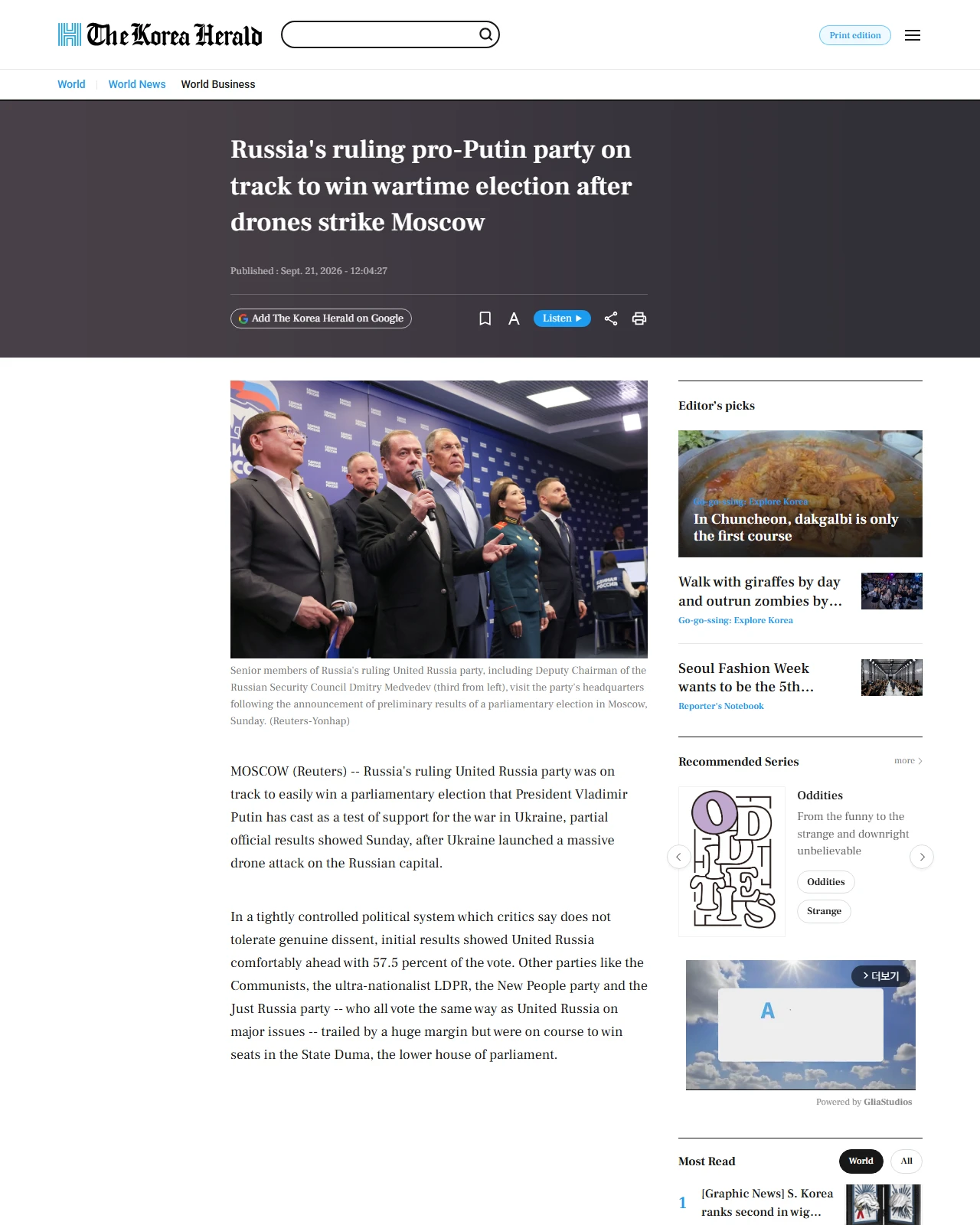 koreaherald.com as published: Russia's ruling pro-Putin party on track to win wartime election after drones strike Moscow