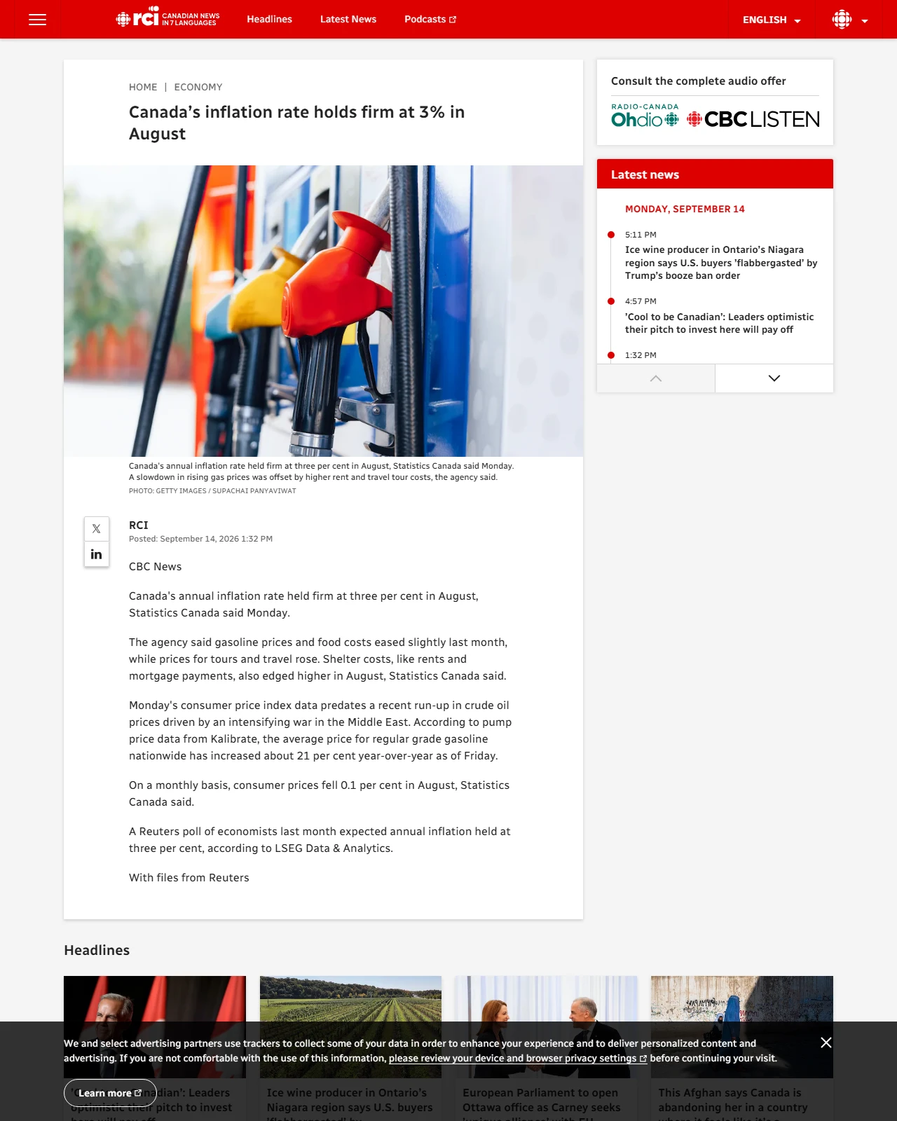 ici.radio-canada.ca as published: Canada’s inflation rate holds firm at 3% in August - Radio-Canada