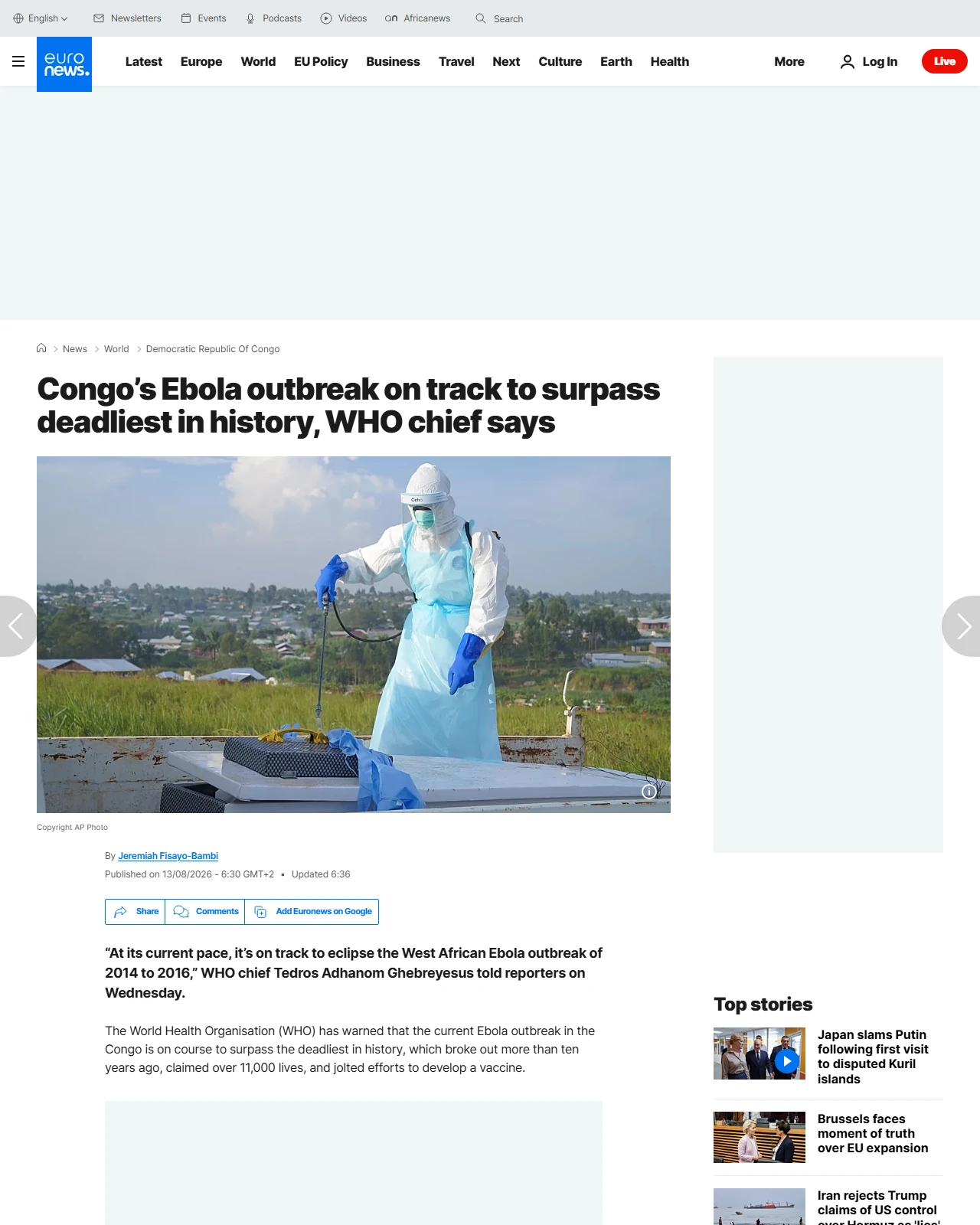euronews.com as published: Congo’s Ebola outbreak on track to surpass deadliest in history, WHO chief says