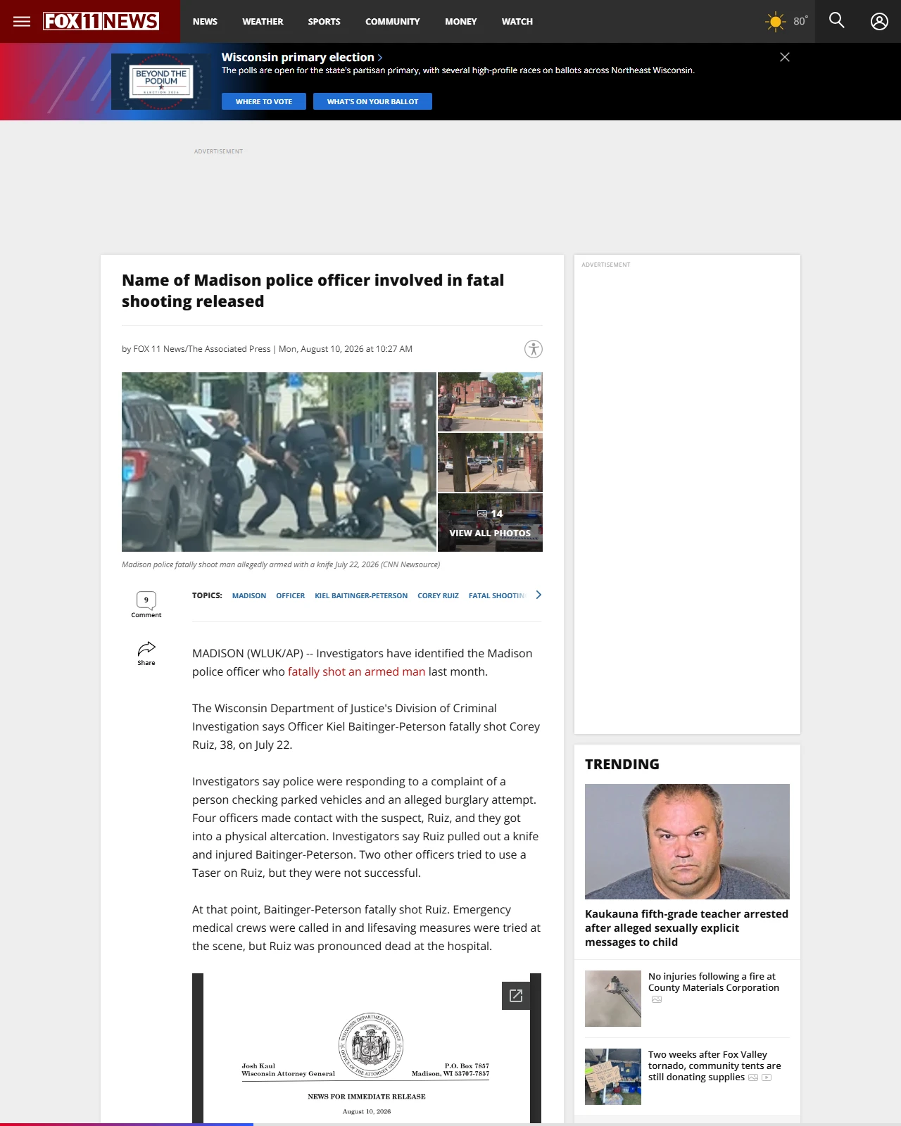 fox11online.com as published: Name of Madison police officer involved in fatal shooting released