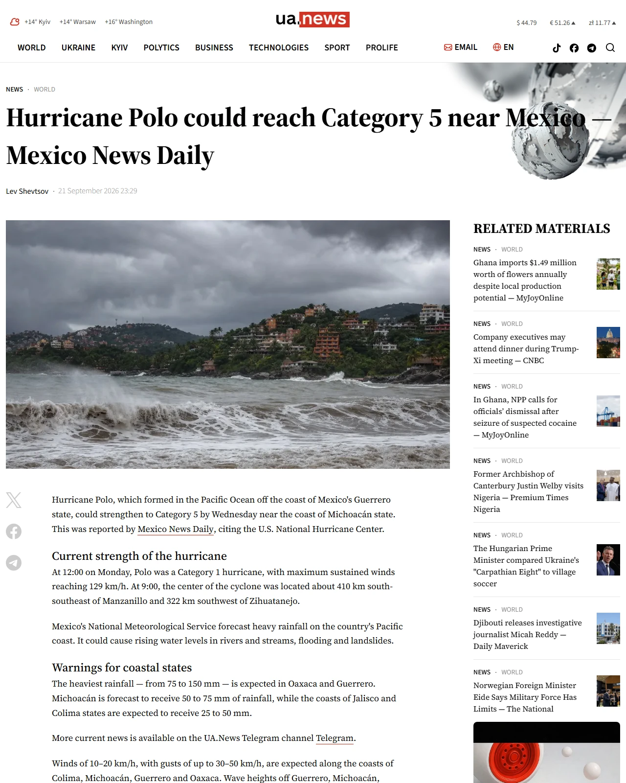 ua.news as published: Hurricane Polo could reach Category 5 near Mexico — Mexico News Daily