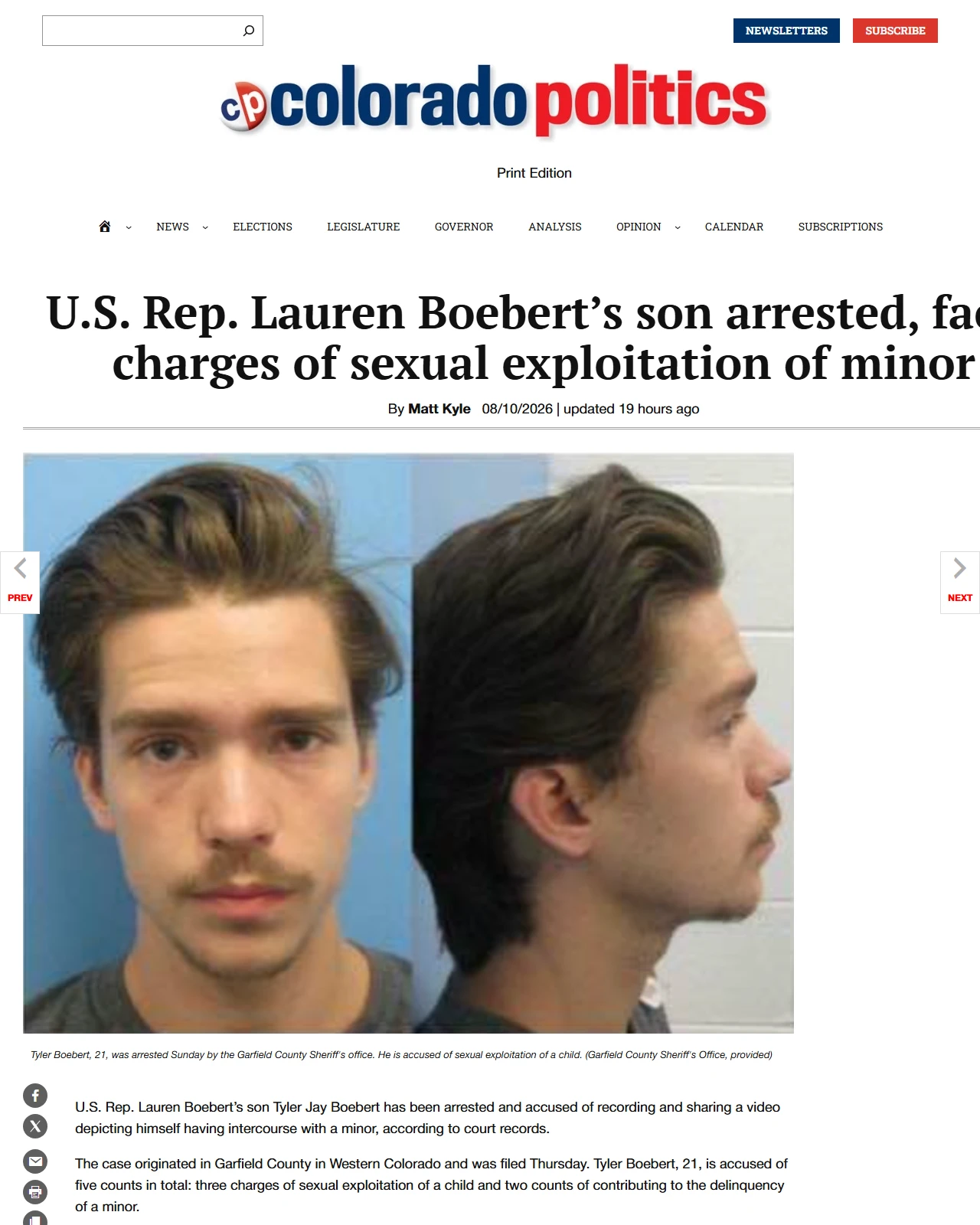 coloradopolitics.com as published: U.S. Rep. Lauren Boebert’s son arrested, faces charges of sexual exploitation of minor