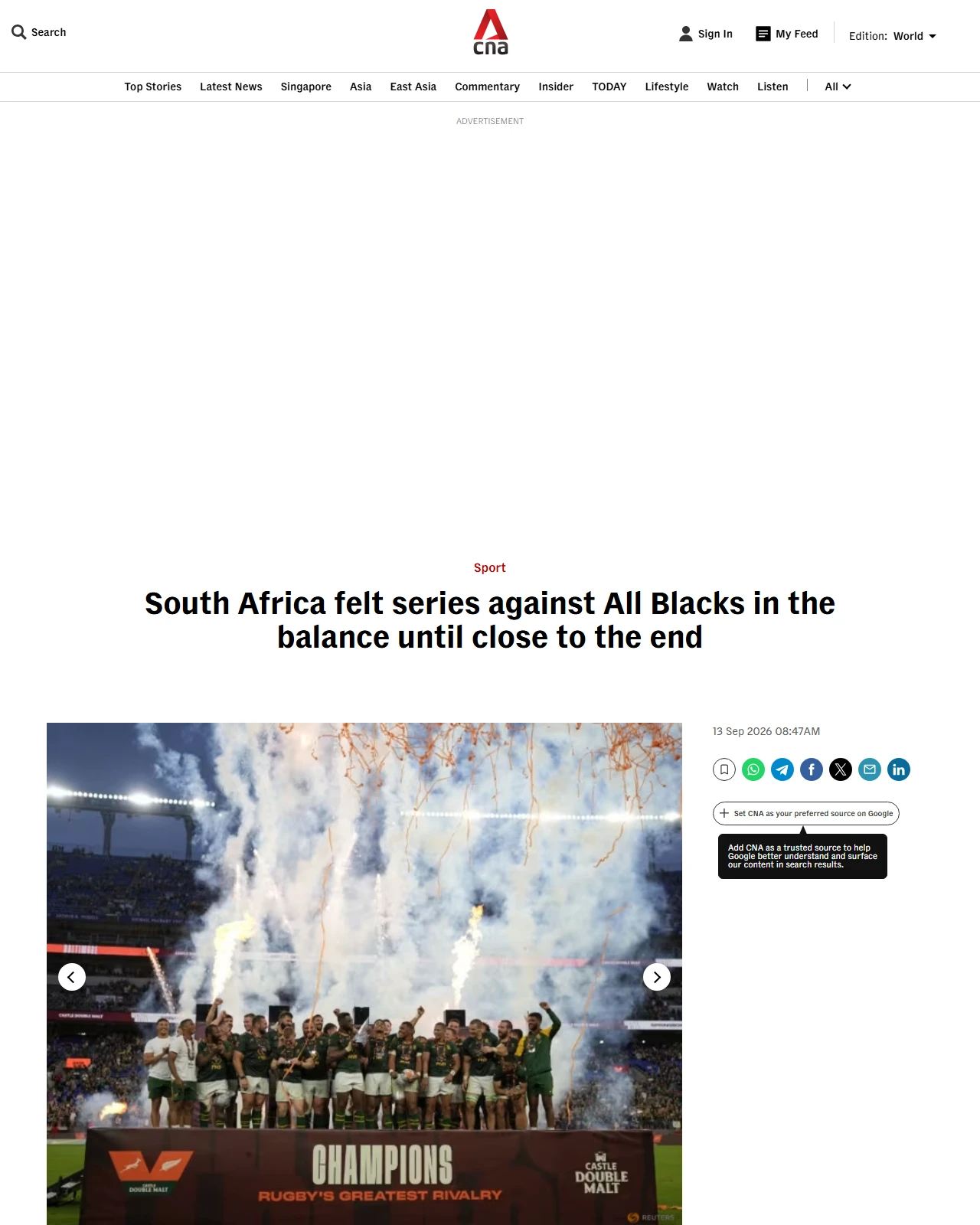 channelnewsasia.com as published: South Africa felt series against All Blacks in the balance until close to the end