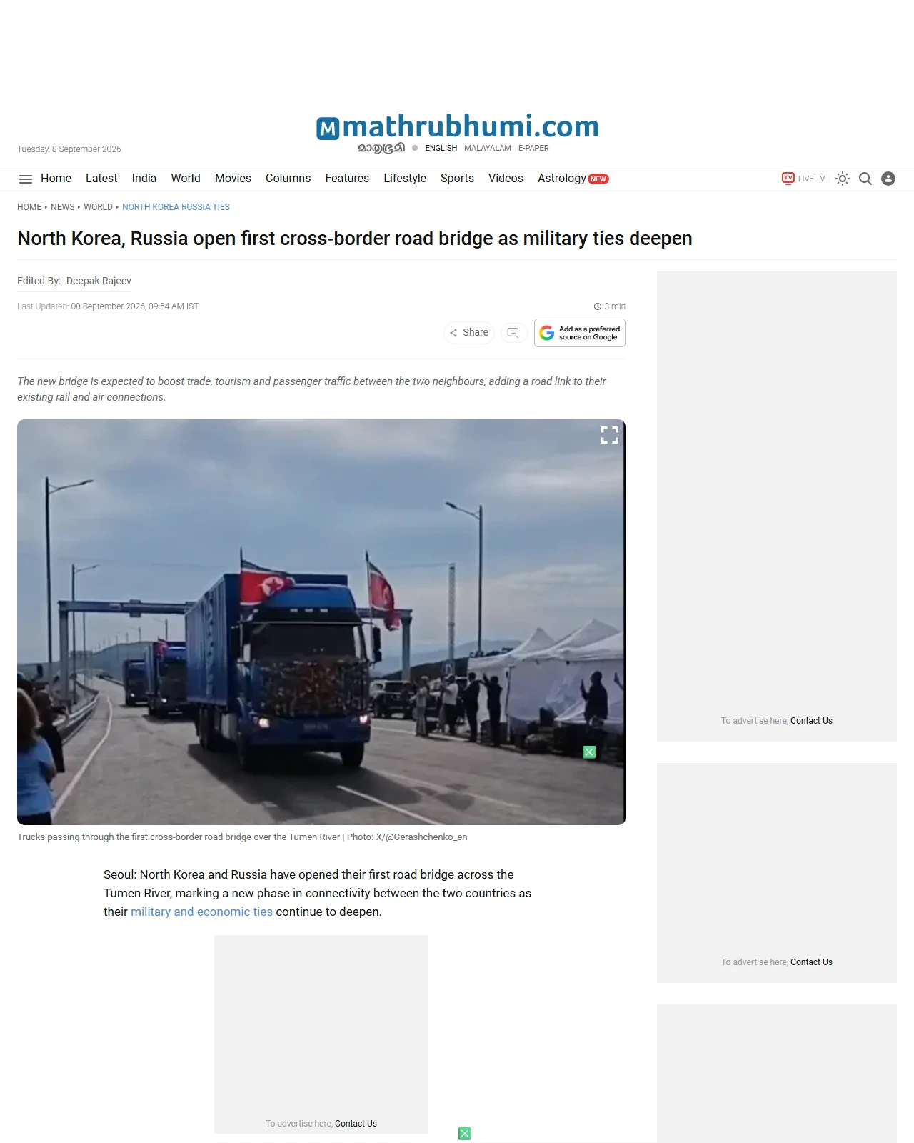 english.mathrubhumi.com as published: North Korea, Russia open first cross-border road bridge as military ties deepen