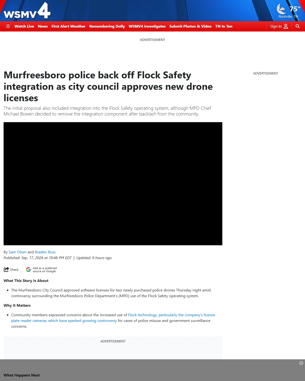 wsmv.com as published: Murfreesboro police back off Flock Safety integration as city council approves new drone licenses