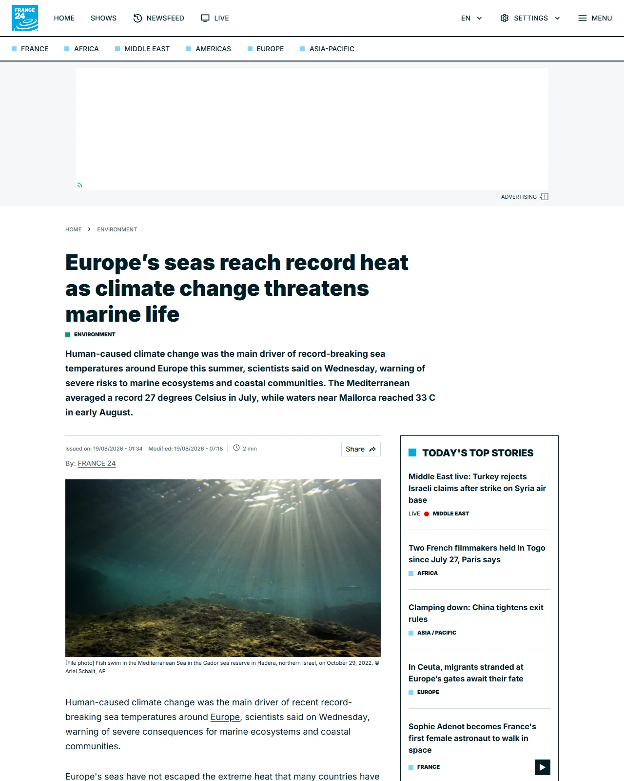 s.france24.com as published: Europe’s seas reach record heat as climate change threatens marine life