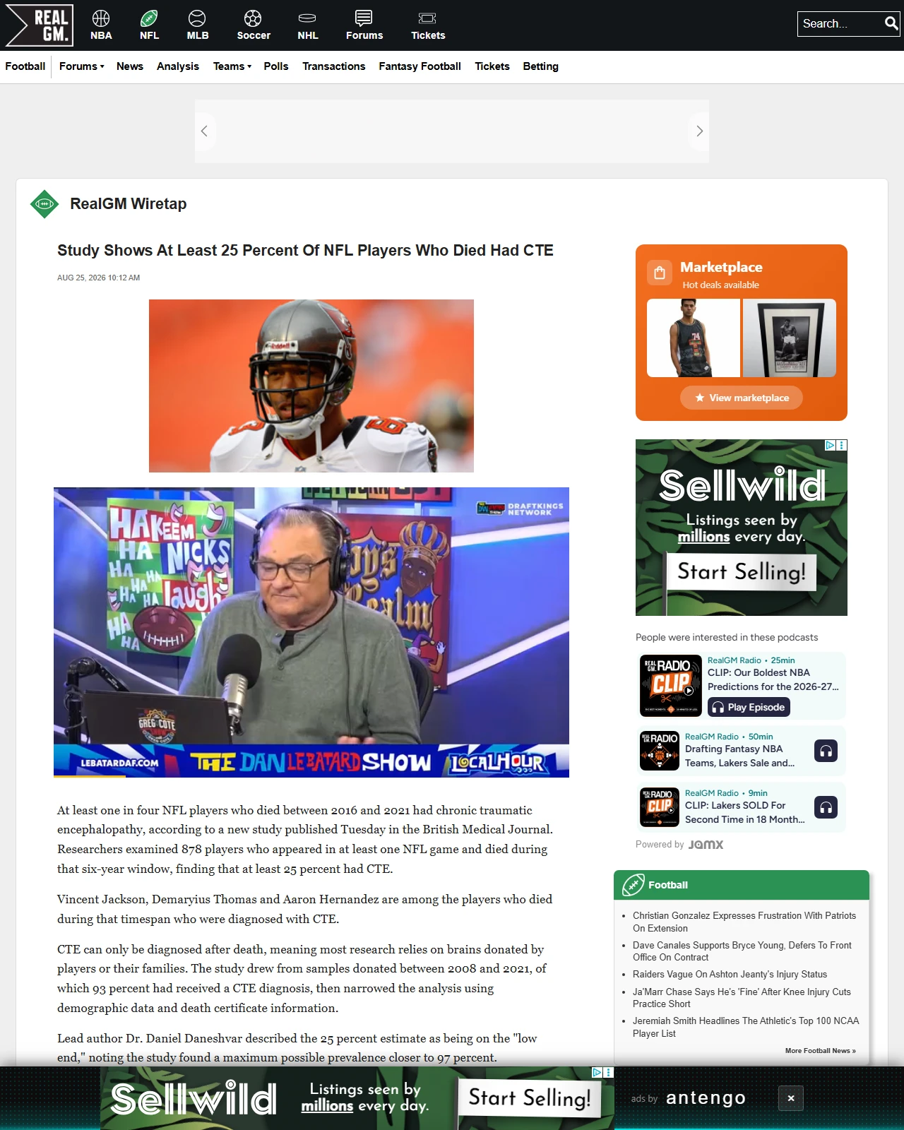 football.realgm.com as published: Study Shows At Least 25 Percent Of NFL Players Who Died Had CTE