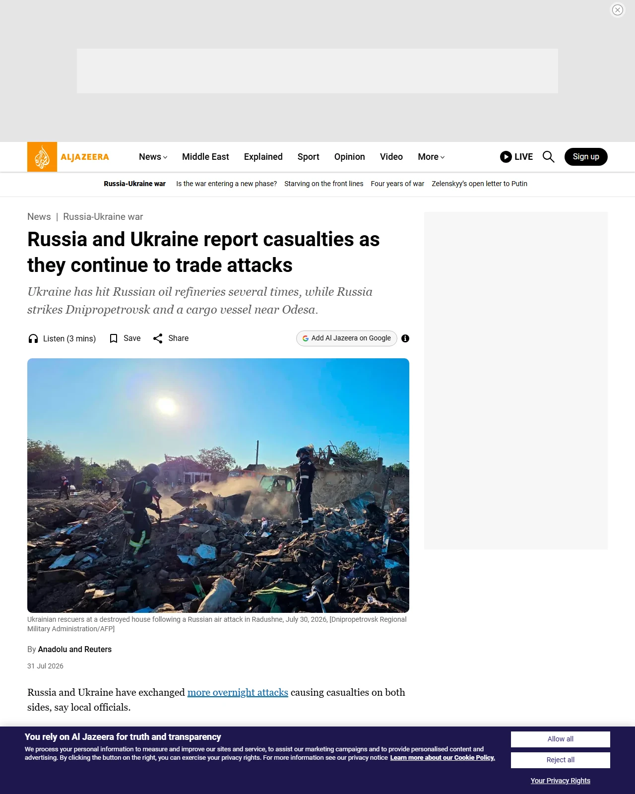 aljazeera.com as published: Russia and Ukraine report casualties as they continue to trade attacks
