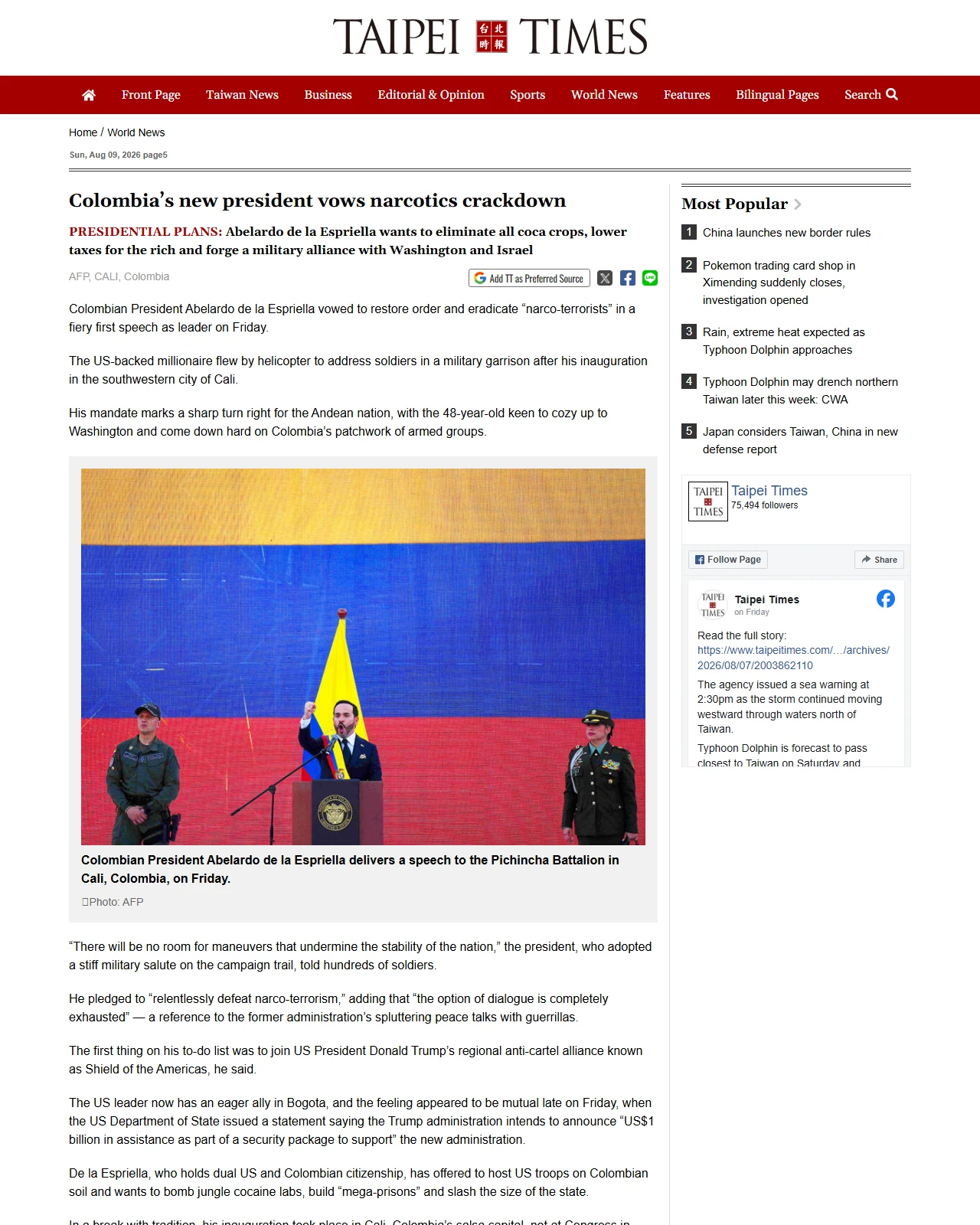taipeitimes.com as published: Colombia’s new president vows narcotics crackdown
