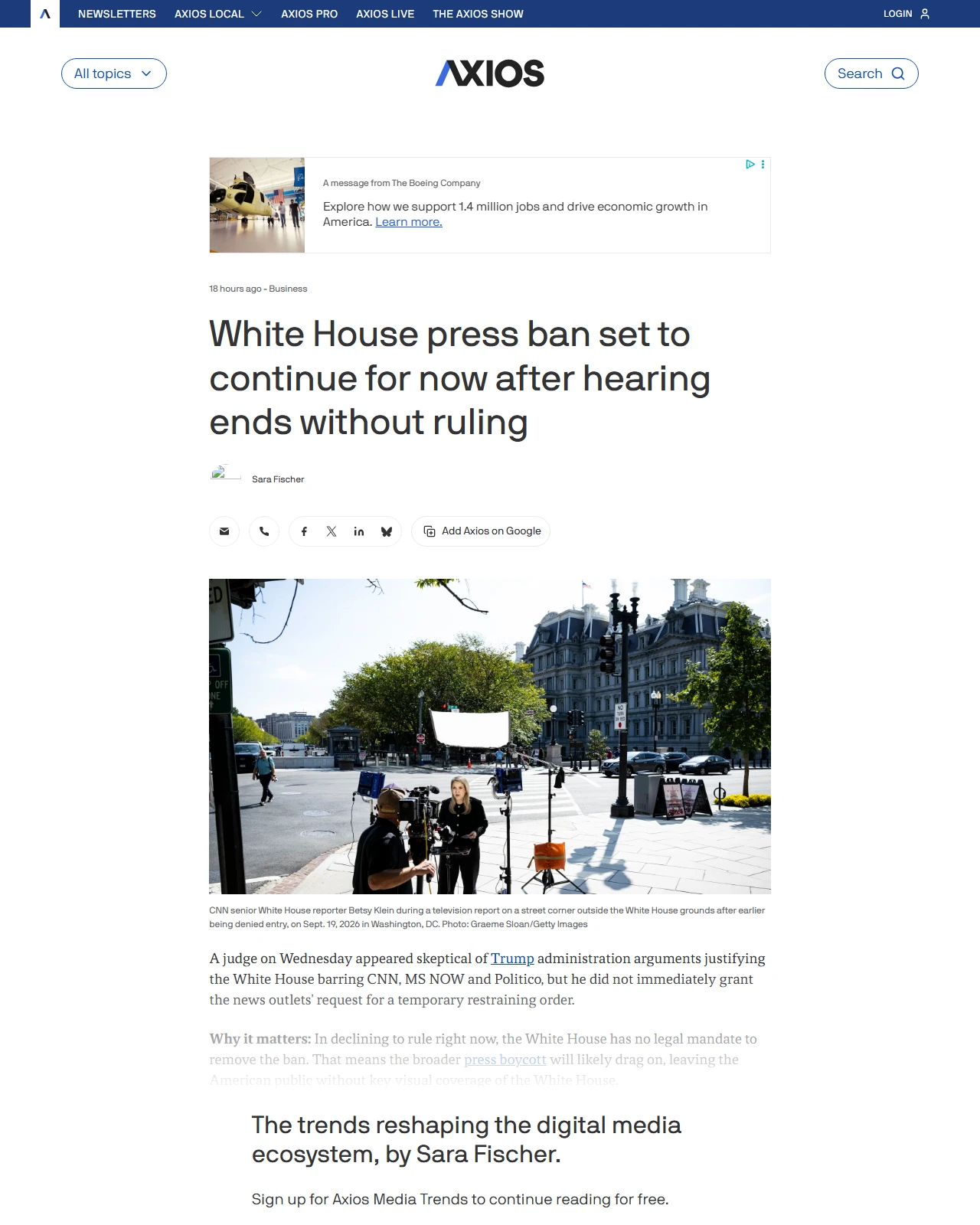 axios.com as published: White House press ban set to continue for now after hearing ends without ruling