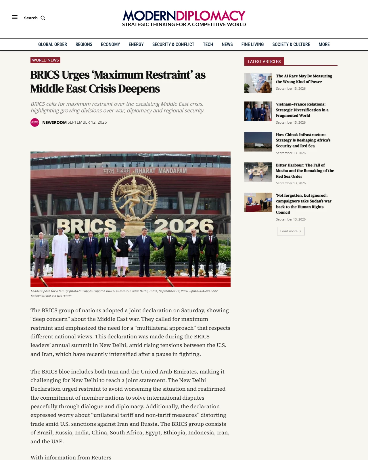 moderndiplomacy.eu as published: BRICS Urges ‘Maximum Restraint’ as Middle East Crisis Deepens
