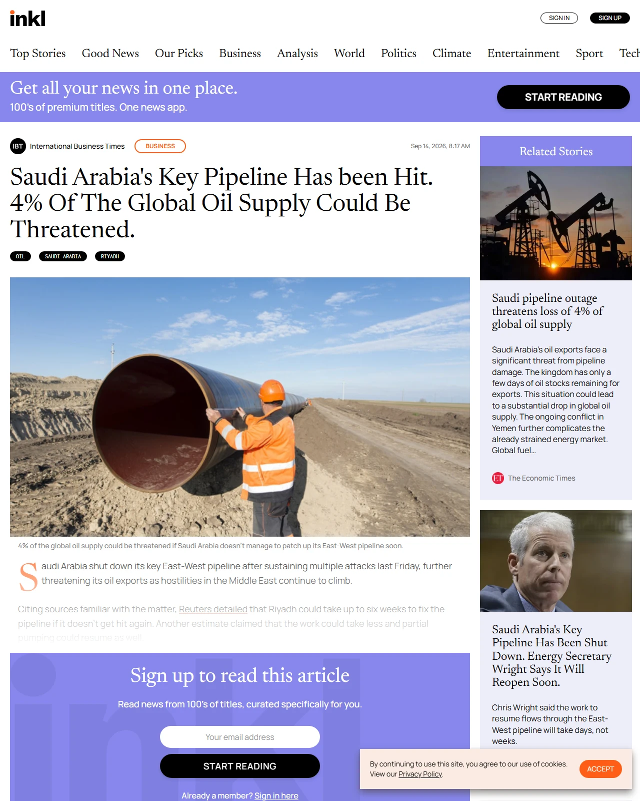 inkl.com as published: Saudi Arabia's Key Pipeline Has been Hit. 4% Of The Global Oil Supply Could Be Threatened.