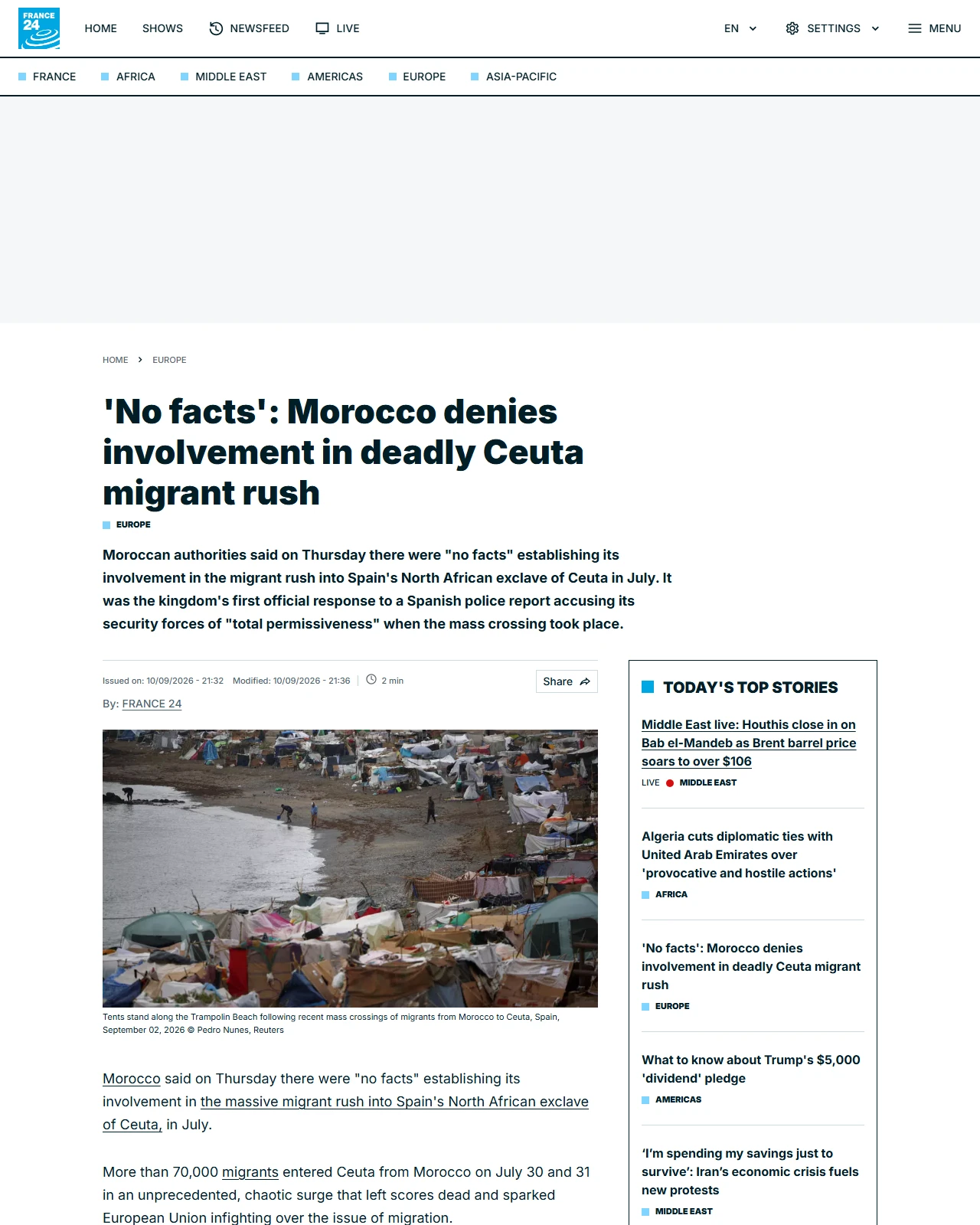 france24.com as published: 'No facts': Morocco denies involvement in deadly Ceuta migrant rush