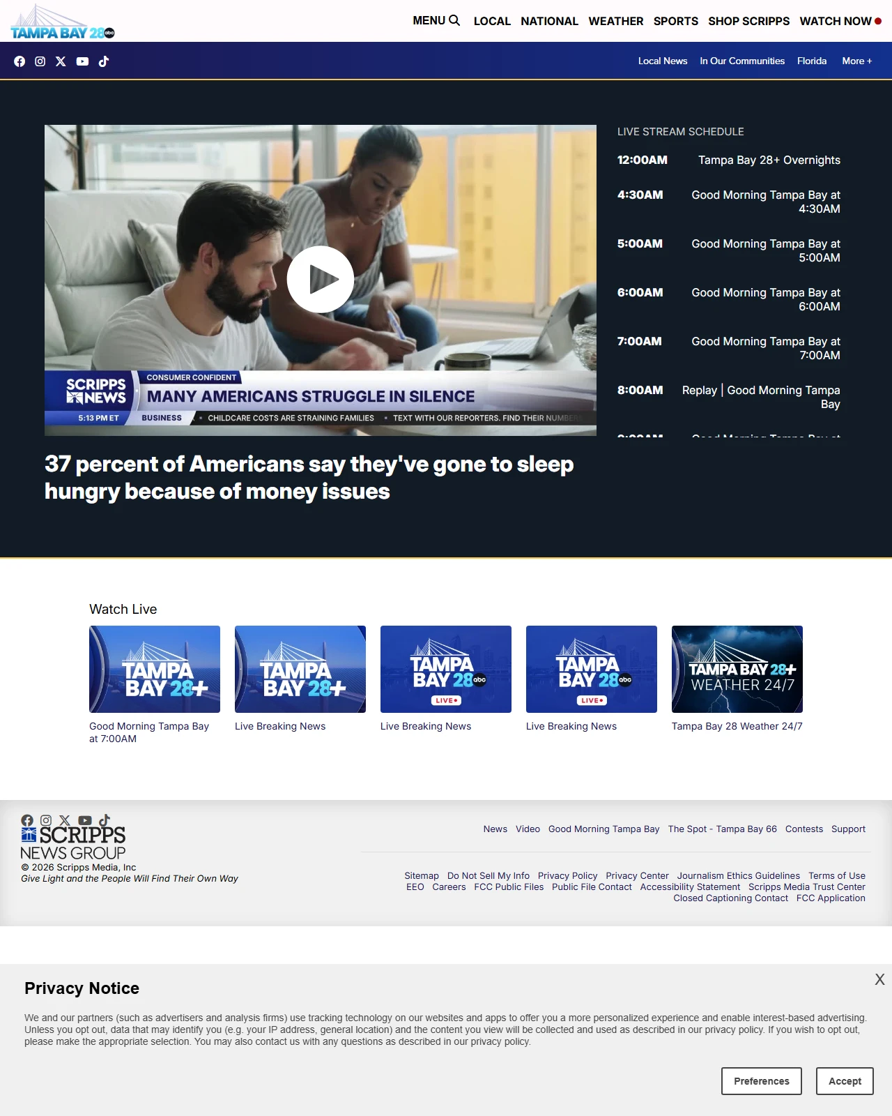 tampabay28.com as published: 37 percent of Americans say they've gone to sleep hungry because of money issues