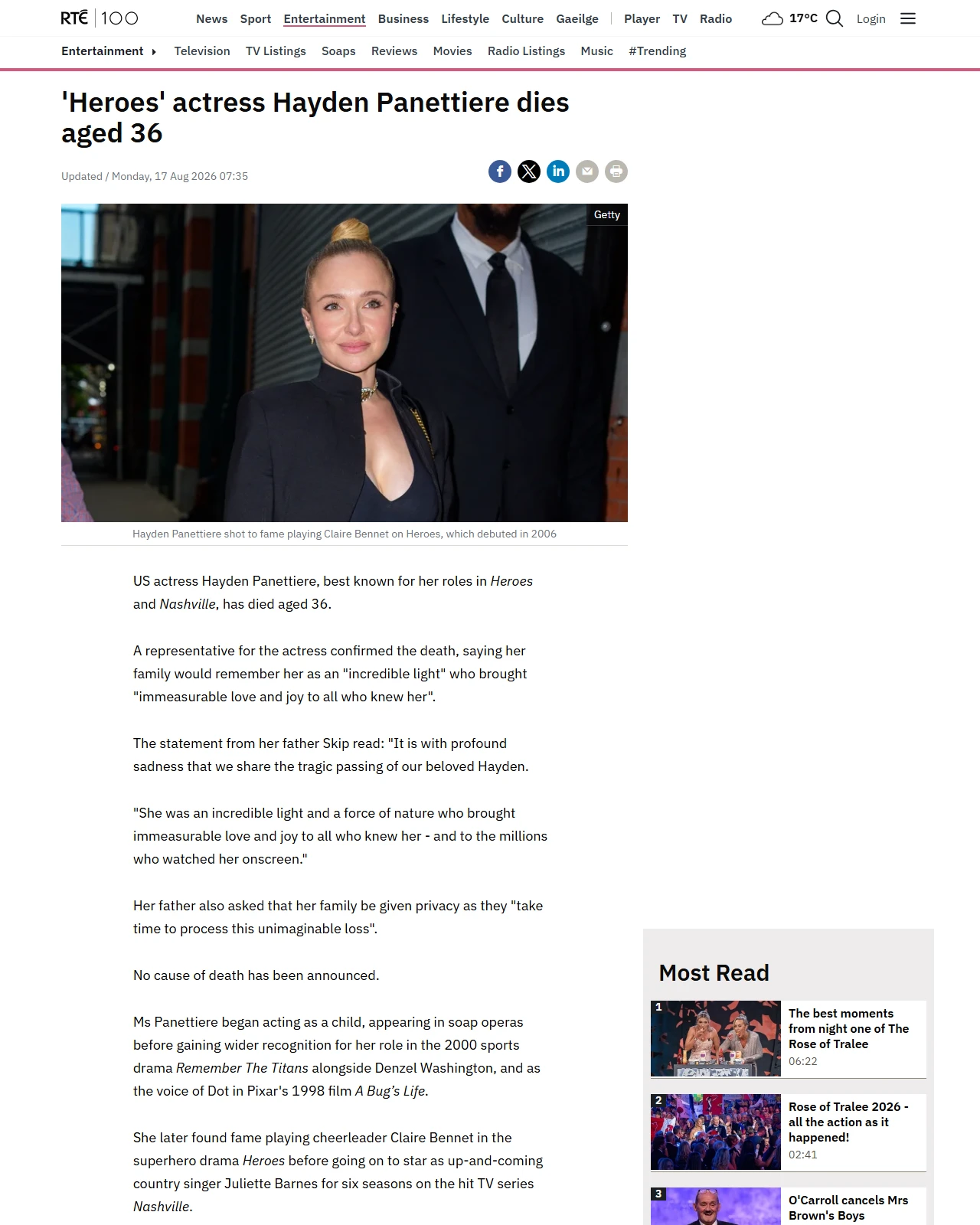 rte.ie as published: 'Heroes' actress Hayden Panettiere dies aged 36