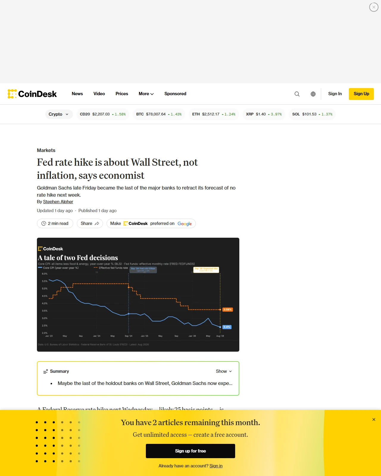 coindesk.com as published: Fed rate hike is about Wall Street, not inflation, says economist