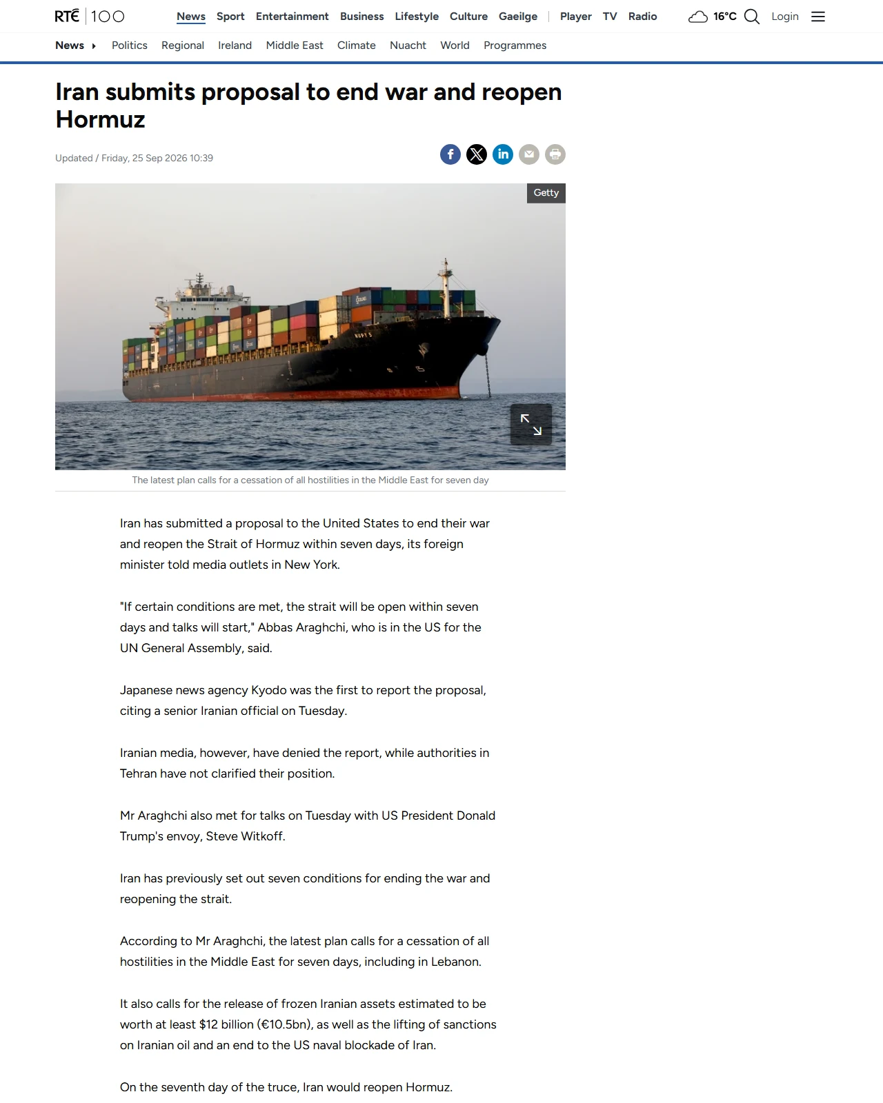 rte.ie as published: Iran submits proposal to end war and reopen Hormuz