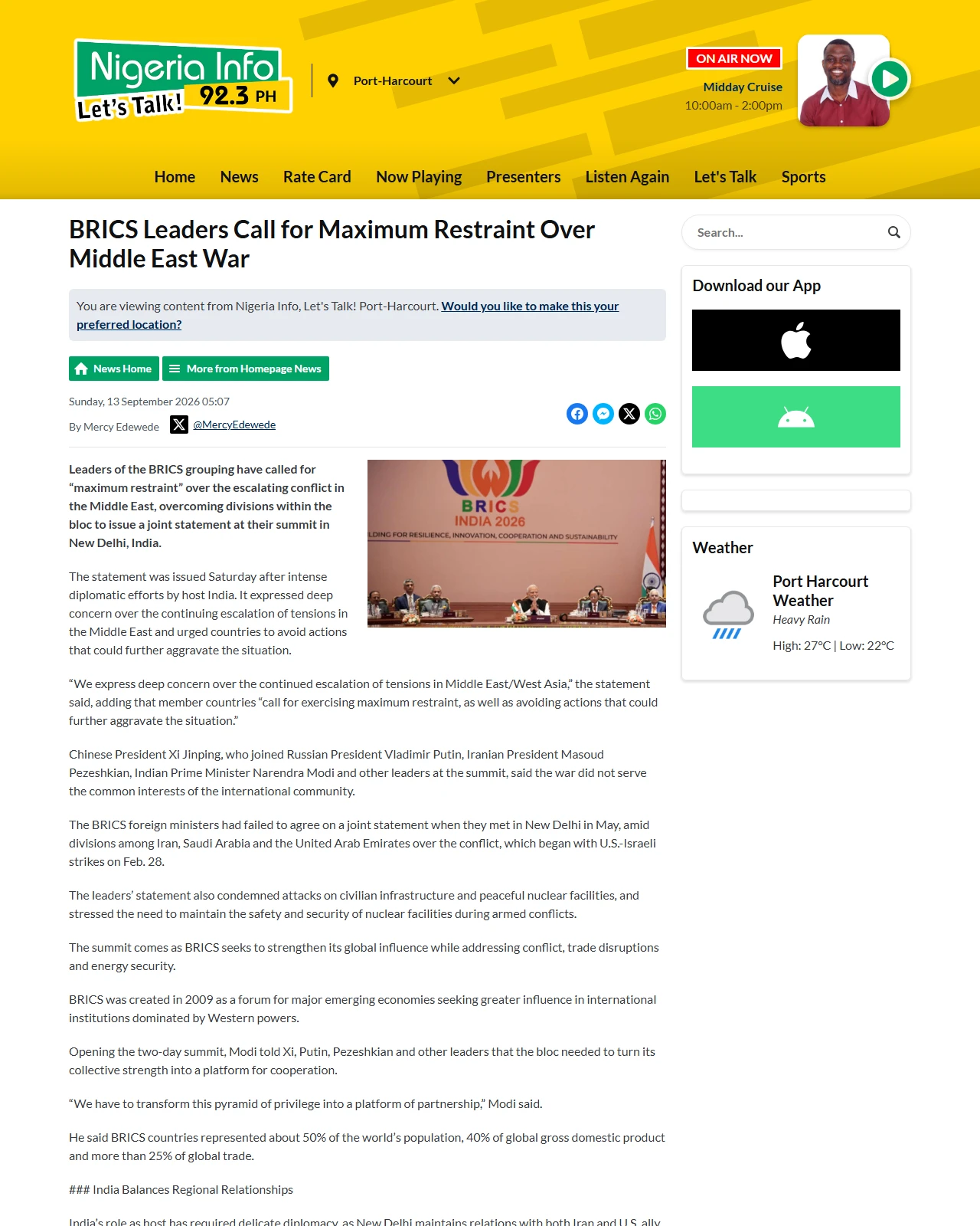 nigeriainfo.fm as published: BRICS Leaders Call for Maximum Restraint Over Middle East War