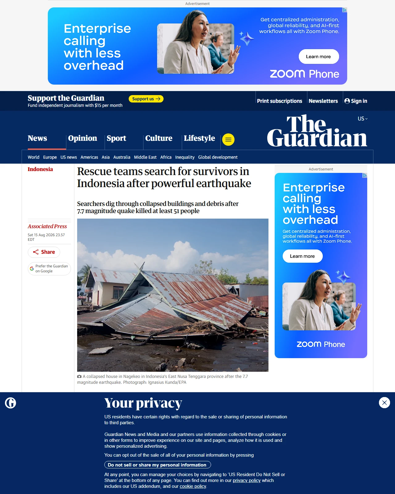 theguardian.com as published: Rescue teams search for survivors in Indonesia after powerful earthquake