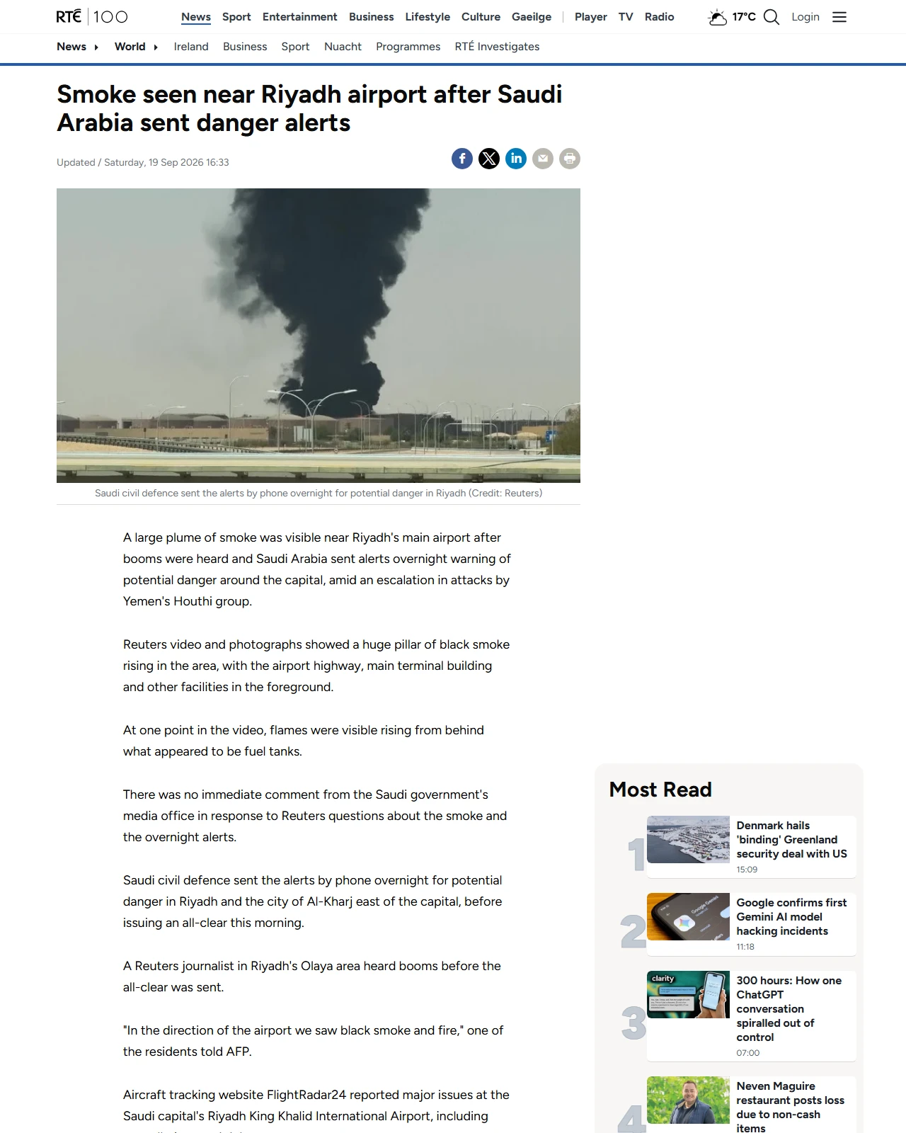 rte.ie as published: Flames and smoke seen near Riyadh airport after warnings