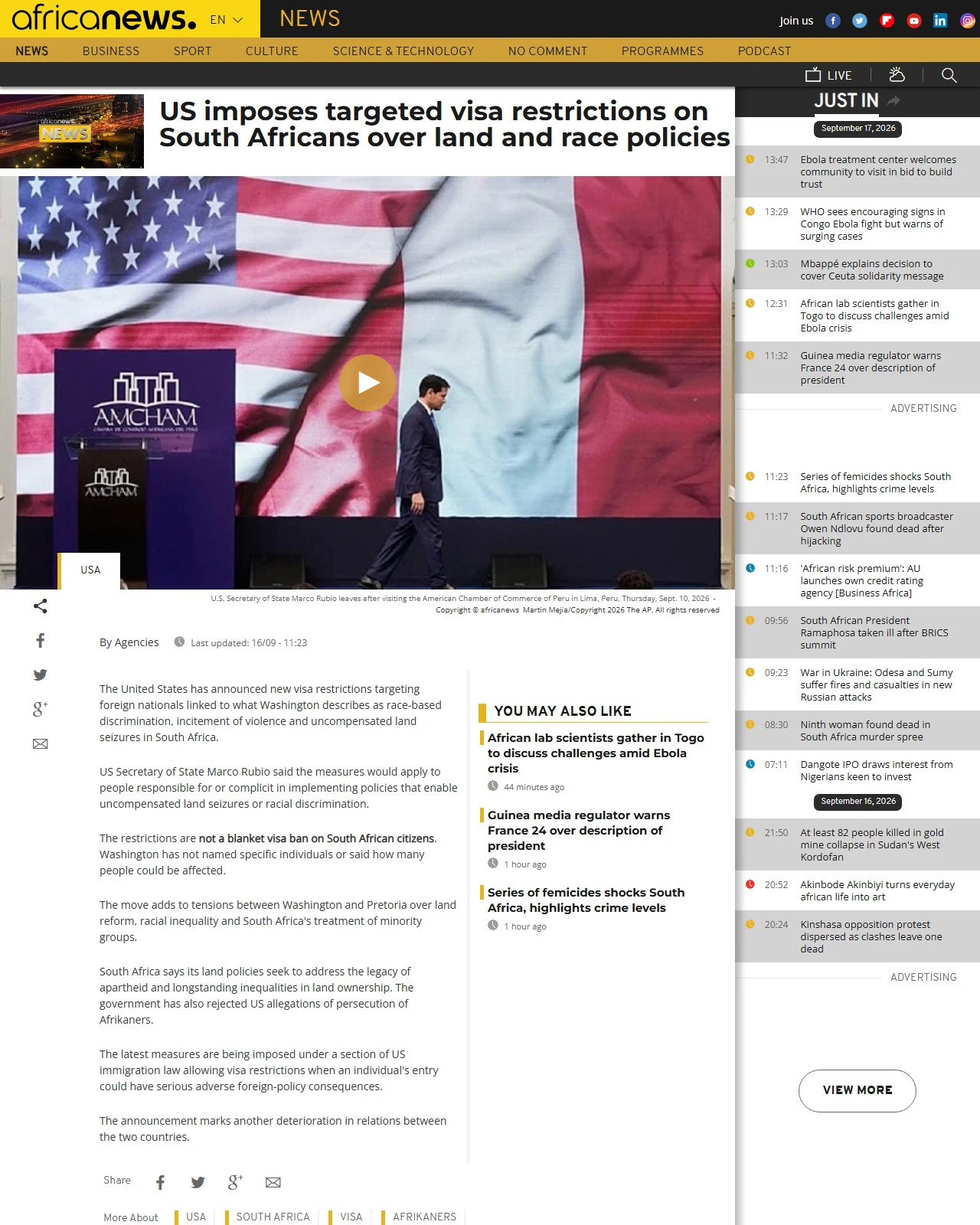 africanews.com as published: US imposes targeted visa restrictions on South Africans over land and race policies