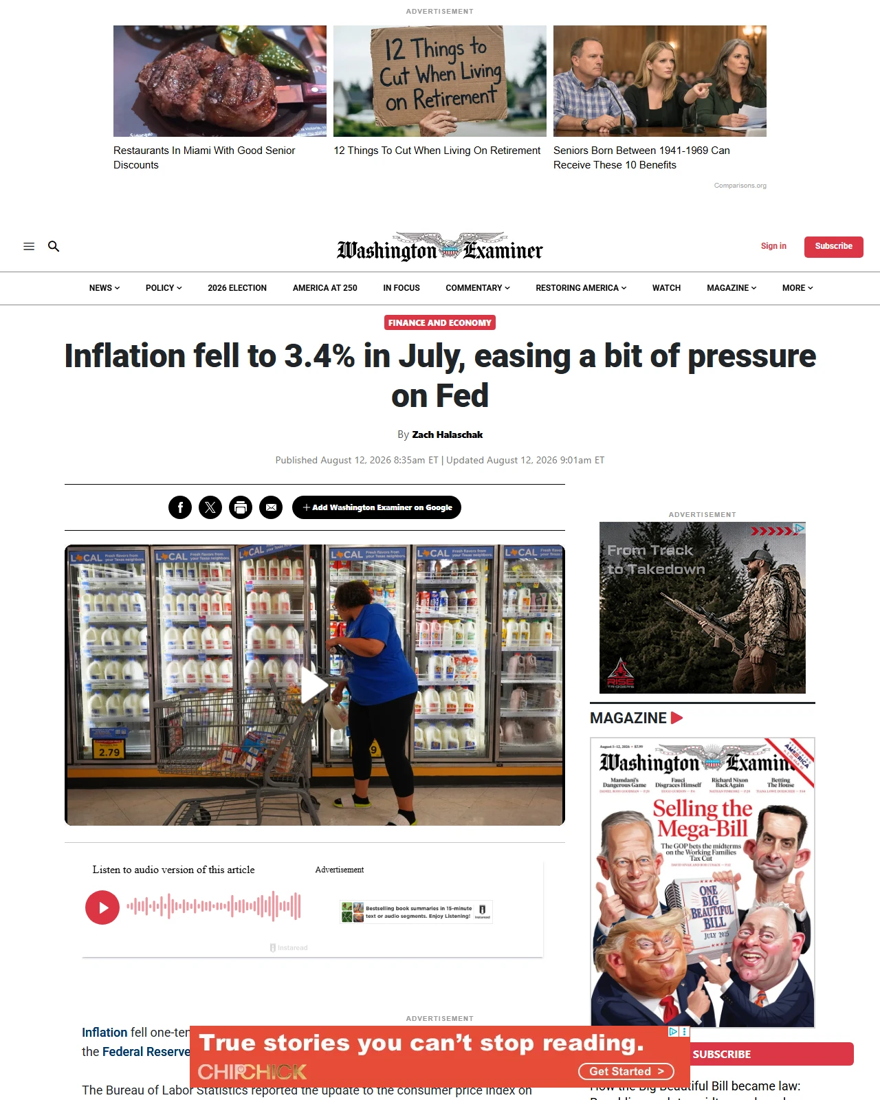 washingtonexaminer.com as published: Inflation fell to 3.4% in July, easing a bit of pressure on Fed