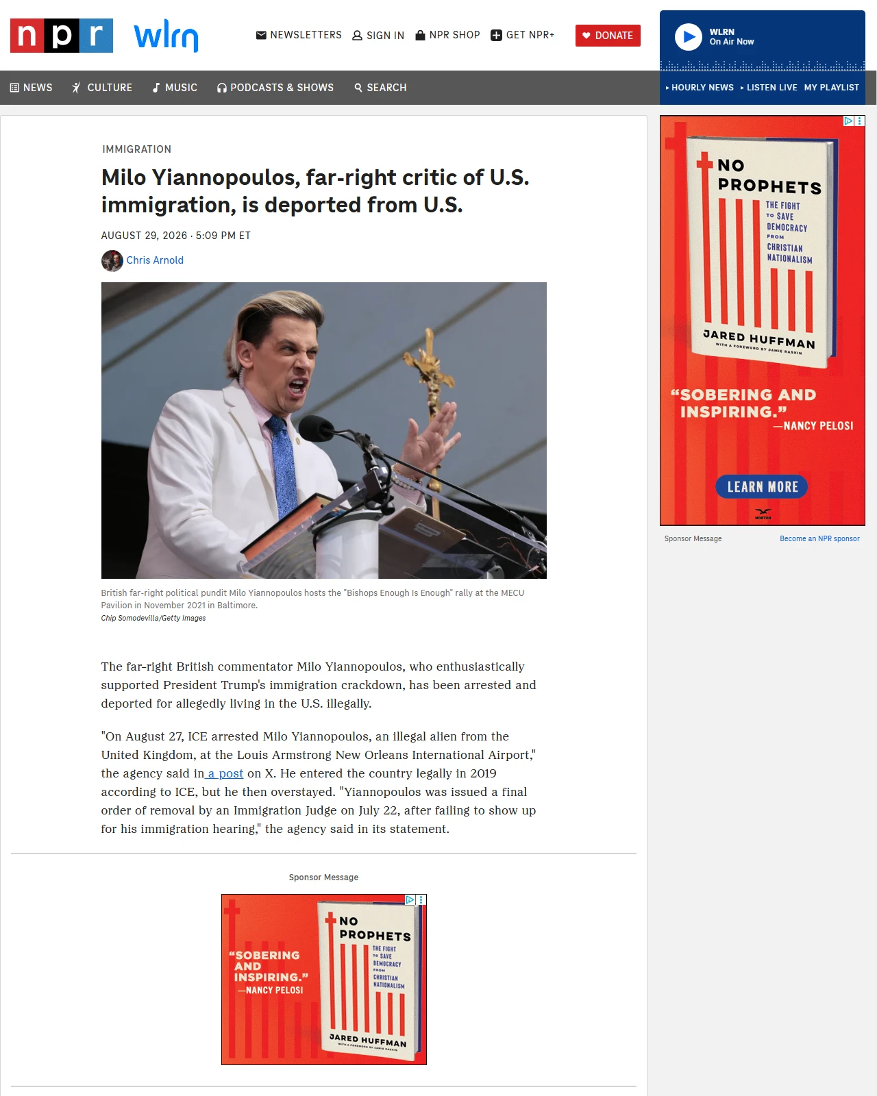 npr.org as published: Milo Yiannopoulos, far-right critic of U.S. immigration, is deported from U.S.