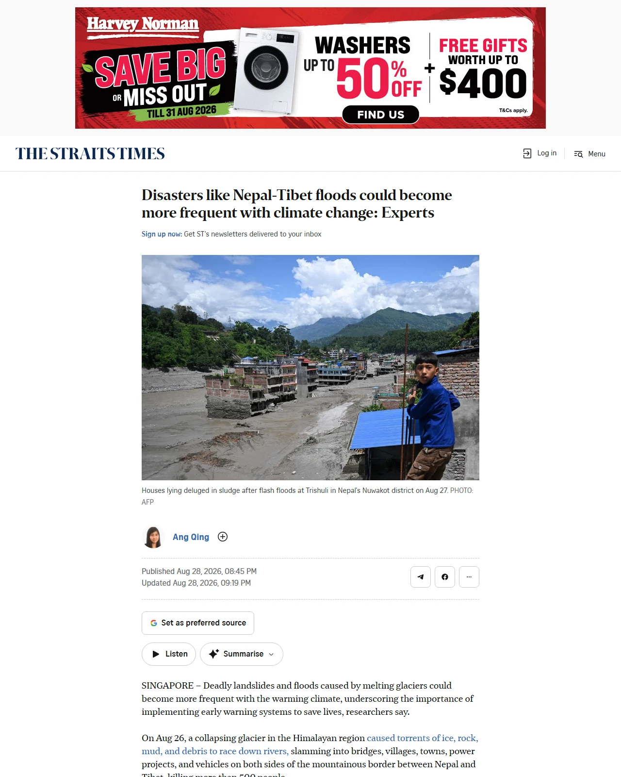 straitstimes.com as published: Disasters like Nepal-Tibet floods could become more frequent with climate change: Experts