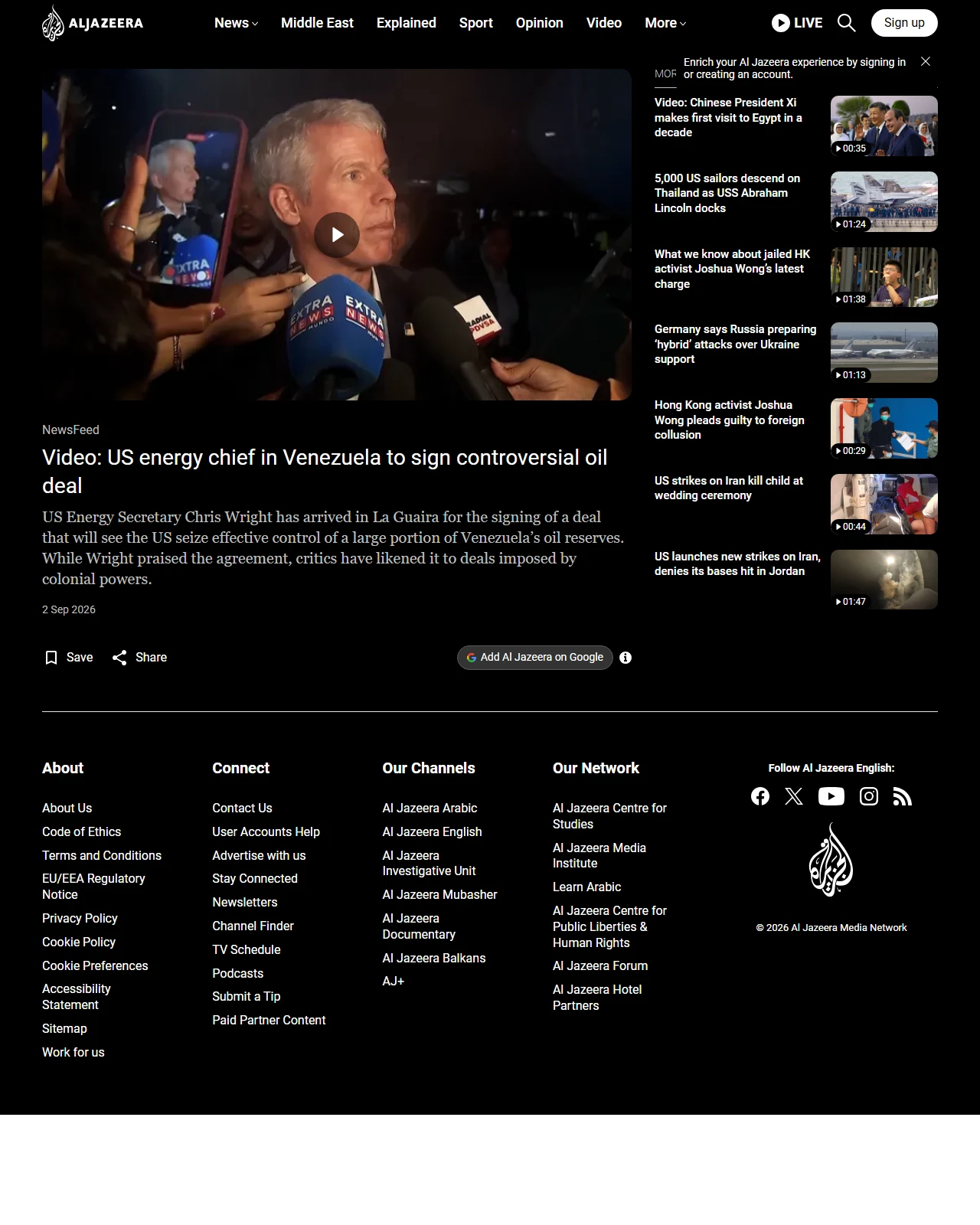 aljazeera.com as published: Video: US energy chief in Venezuela to sign controversial oil deal