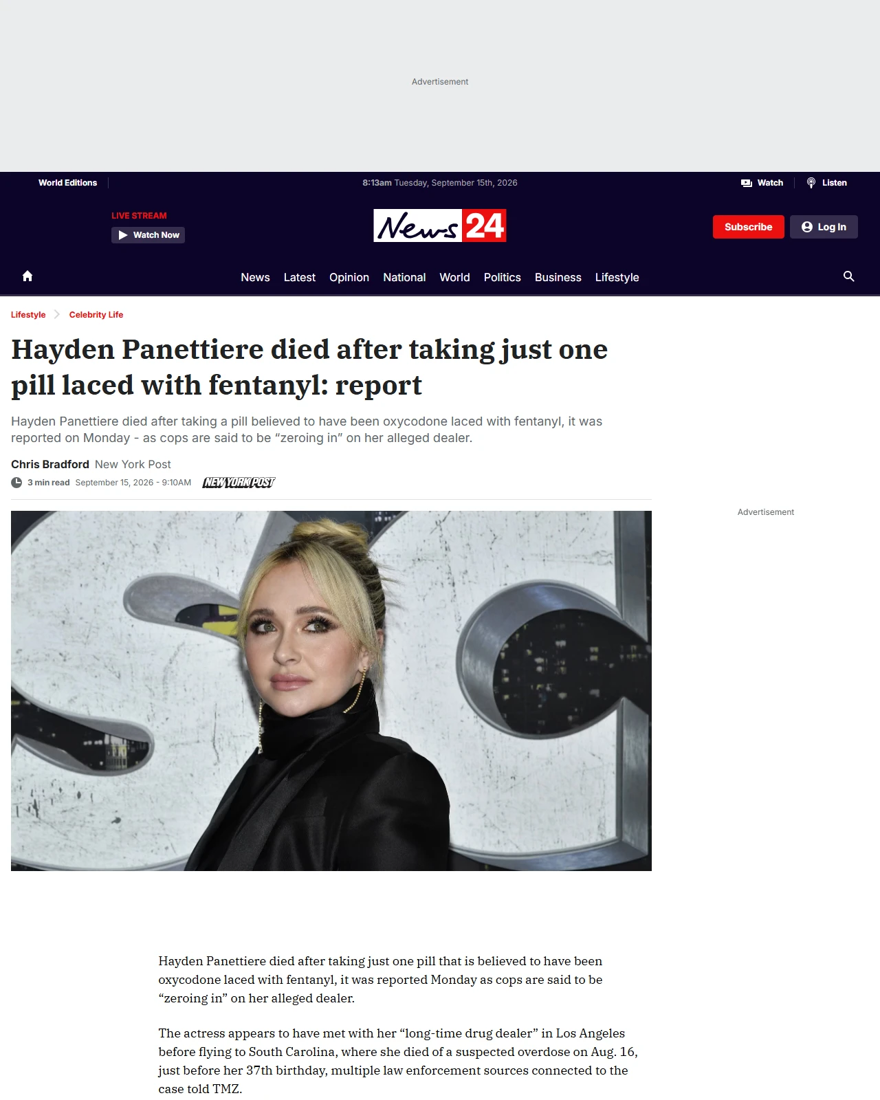 news24.com.au as published: Hayden Panettiere died after taking just one pill laced with fentanyl: report