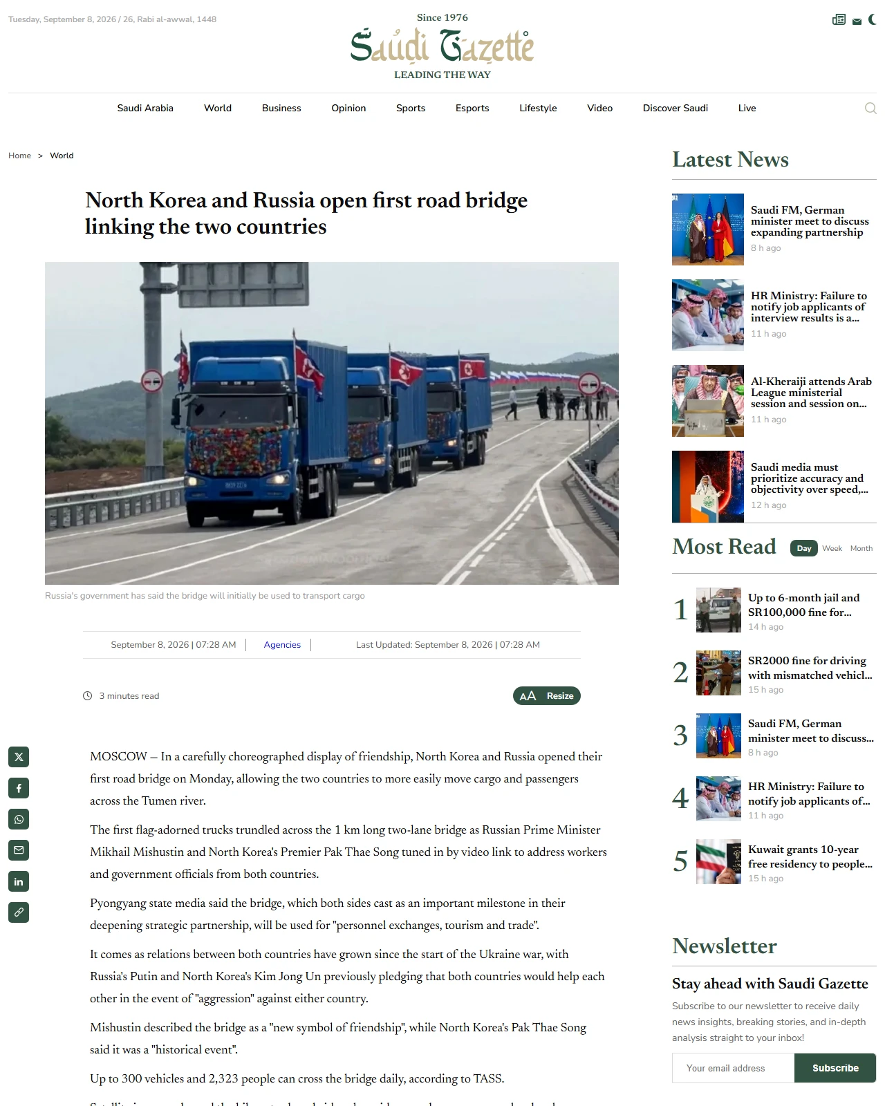 saudigazette.com.sa as published: North Korea and Russia open first road bridge linking the two countries