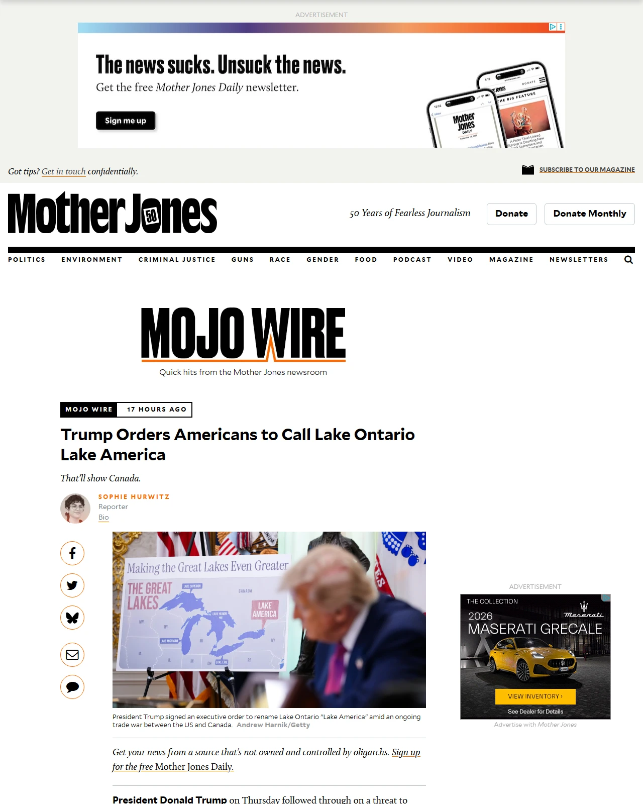 motherjones.com as published: Trump Orders Americans to Call Lake Ontario Lake America