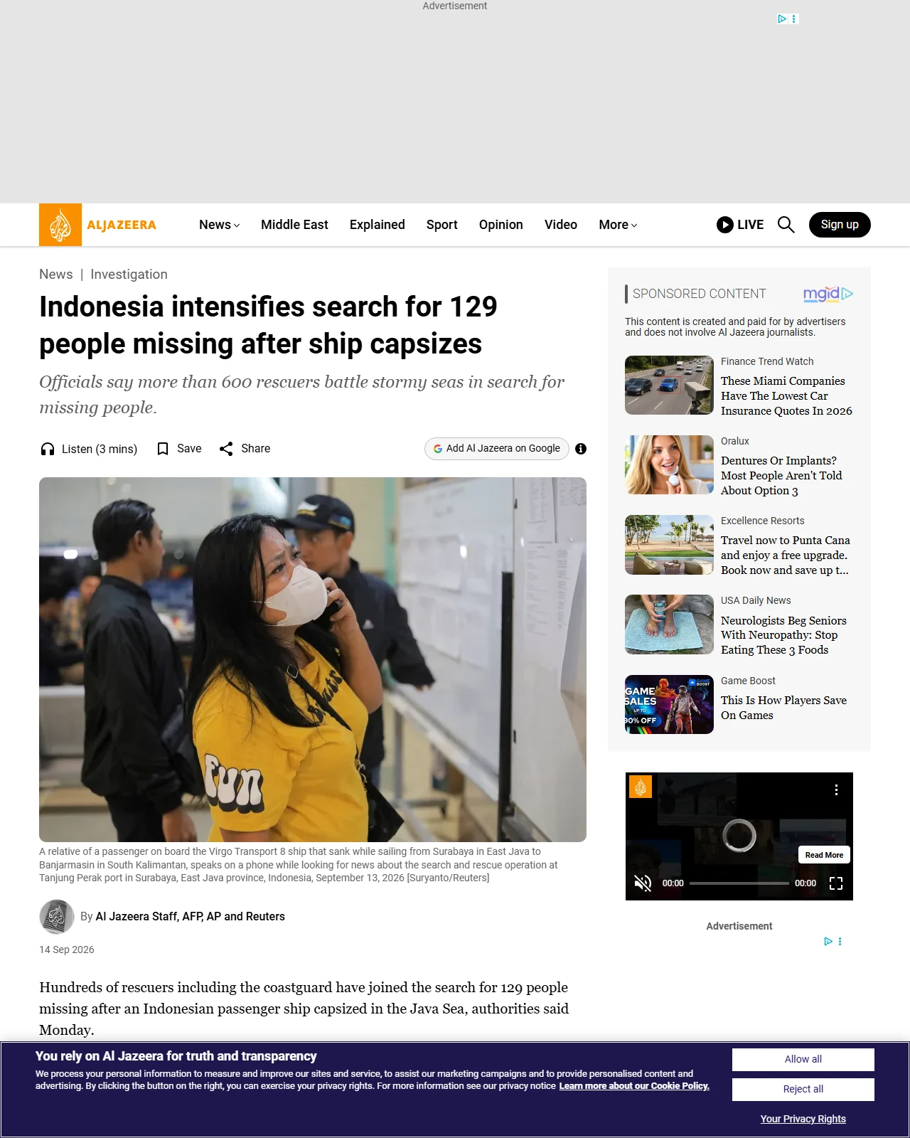 aljazeera.com as published: Indonesia intensifies search for 129 people missing after ship capsizes