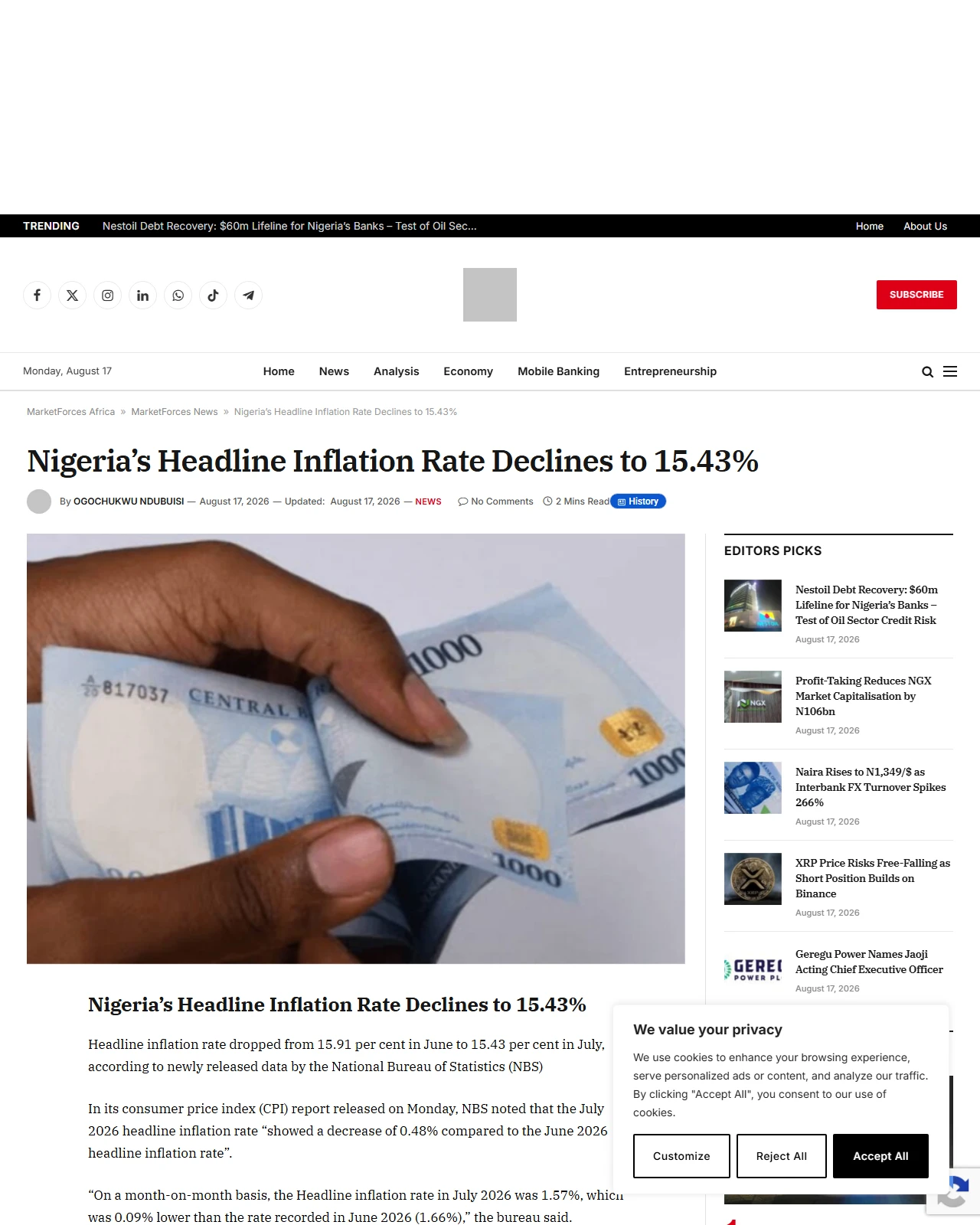 dmarketforces.com as published: Nigeria’s Headline Inflation Rate Declines To 15.43%