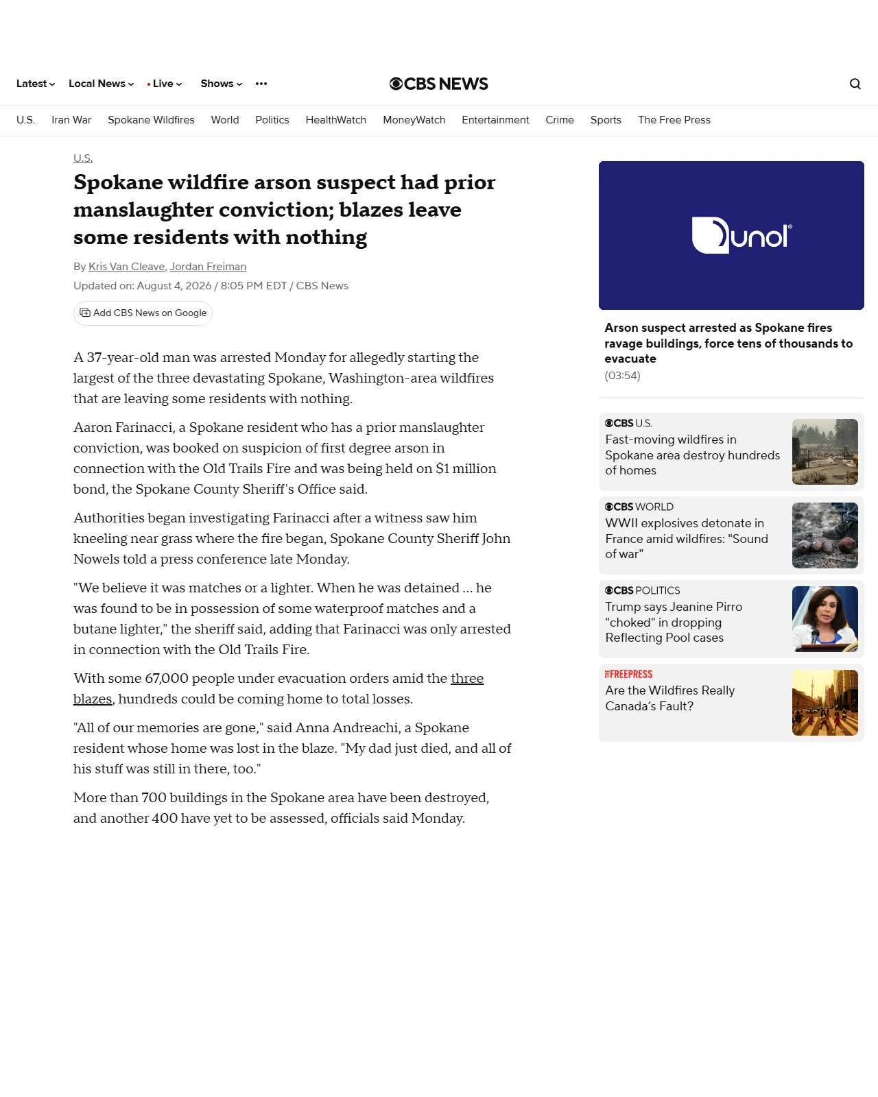cbsnews.com as published: Arson suspect in Spokane wildfire had prior manslaughter conviction