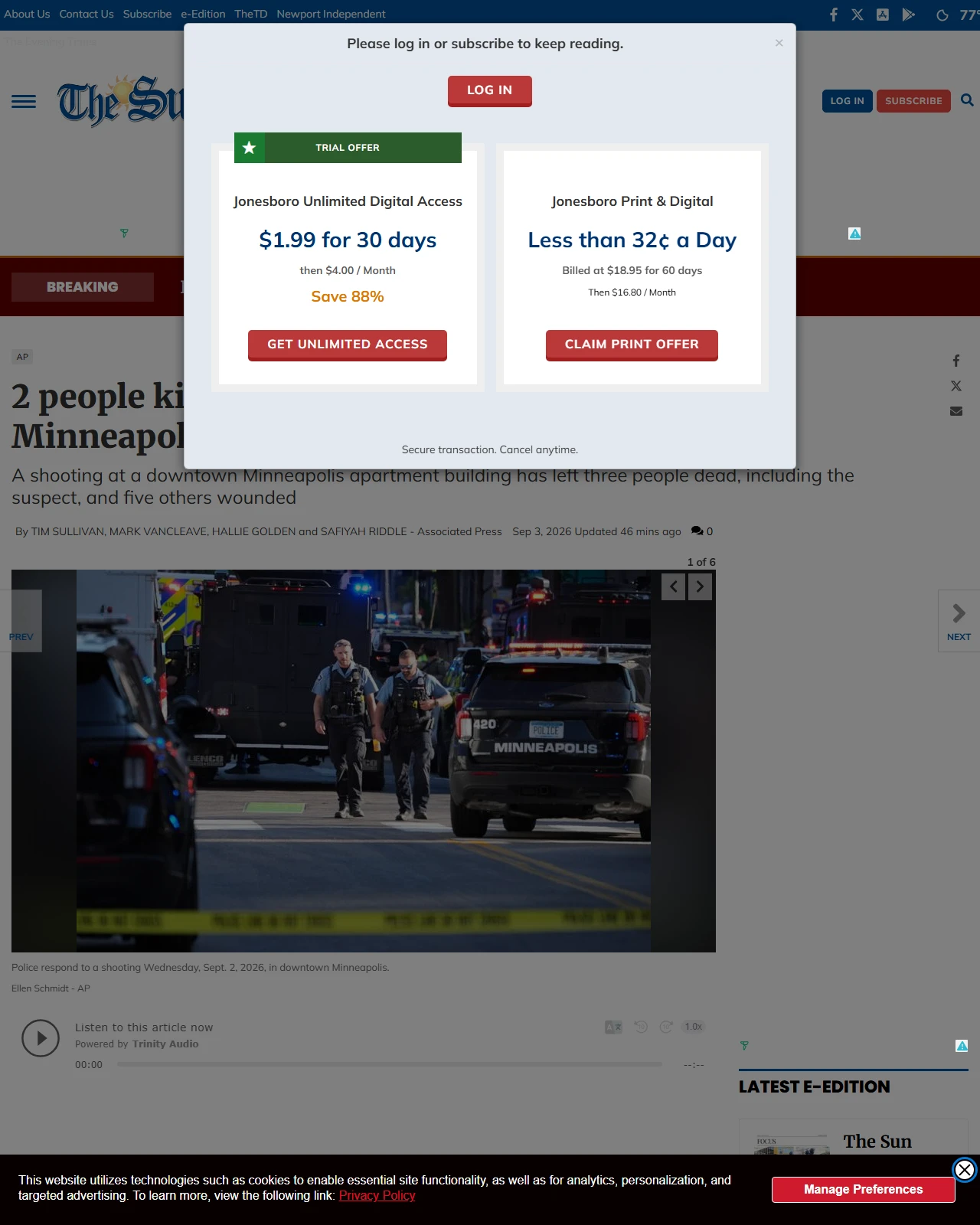 jonesborosun.com as published: At least 1 person was killed, 6 injured in downtown Minneapolis shooting, hospital officials say