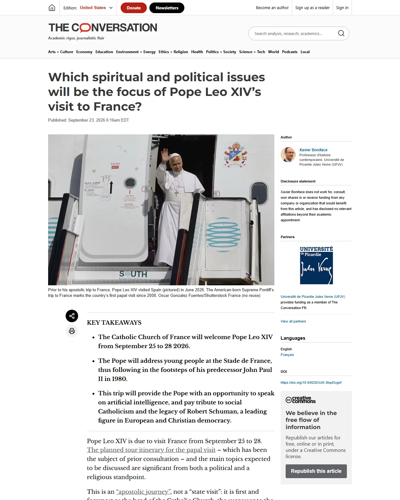 theconversation.com as published: Which spiritual and political issues will be the focus of Pope Leo XIV’s visit to France?