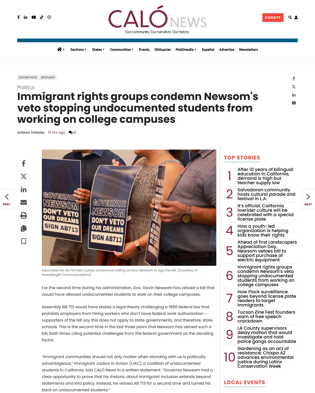 calonews.com as published: Immigrant rights groups condemn Newsom's veto stopping undocumented students from working on college campuses