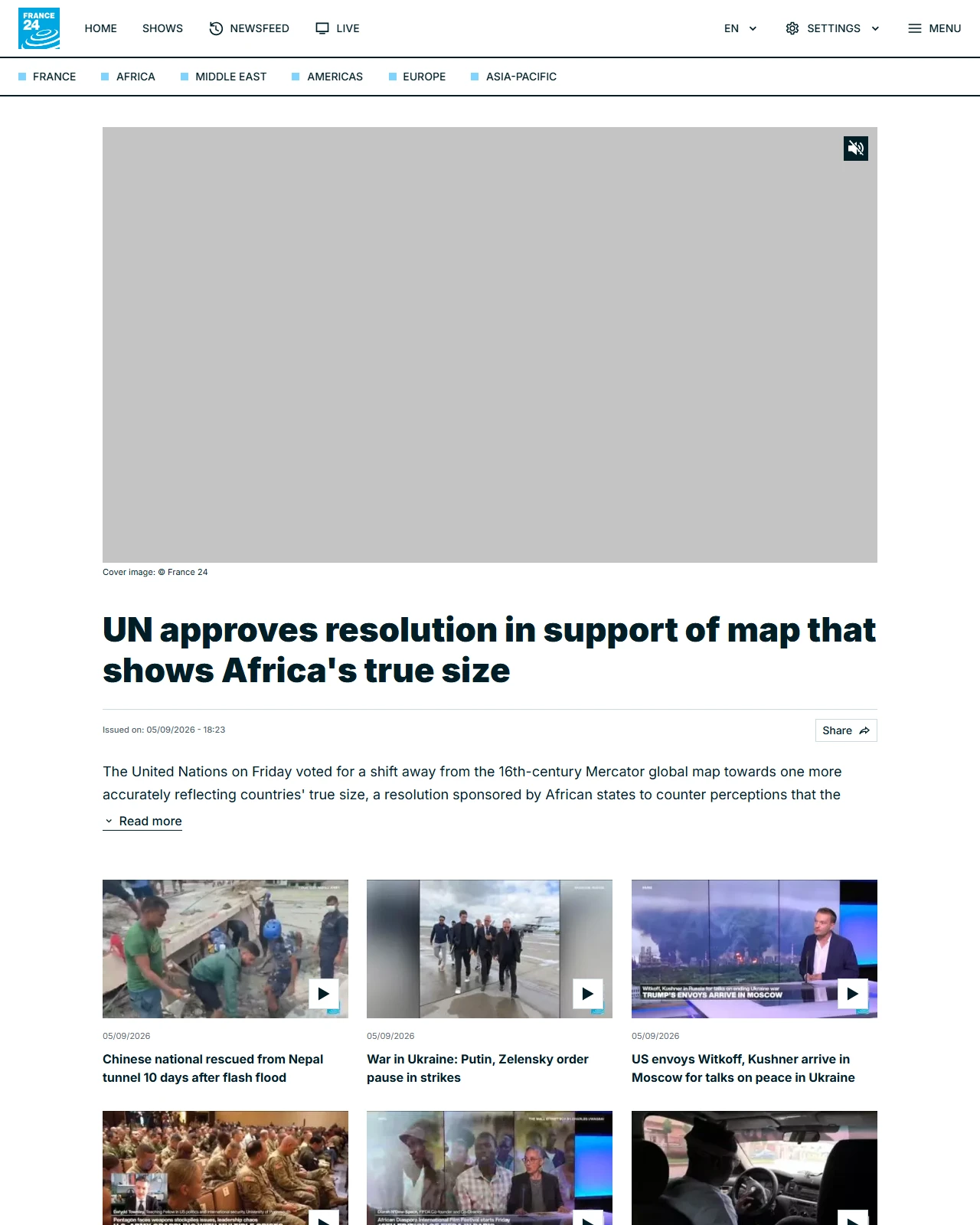 france24.com as published: UN approves resolution in support of map that shows Africa's true size