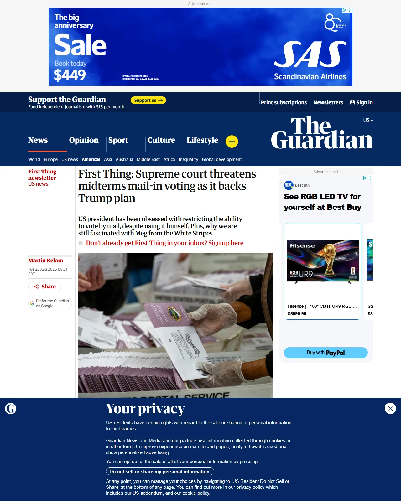 theguardian.com as published: Supreme court threatens midterms mail-in voting as it backs Trump plan | First Thing