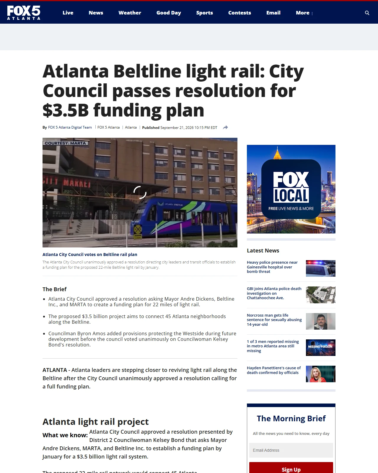 fox5atlanta.com as published: Atlanta City Council votes on Beltline rail plan