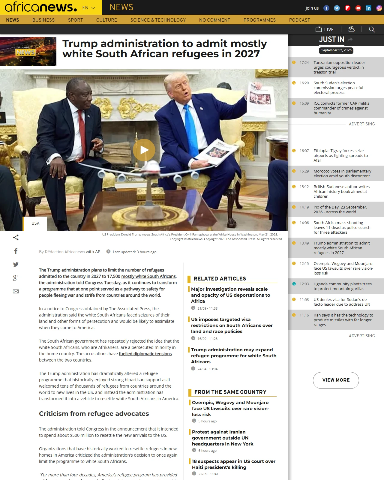 africanews.com as published: Trump administration to admit mostly white South African refugees in 2027