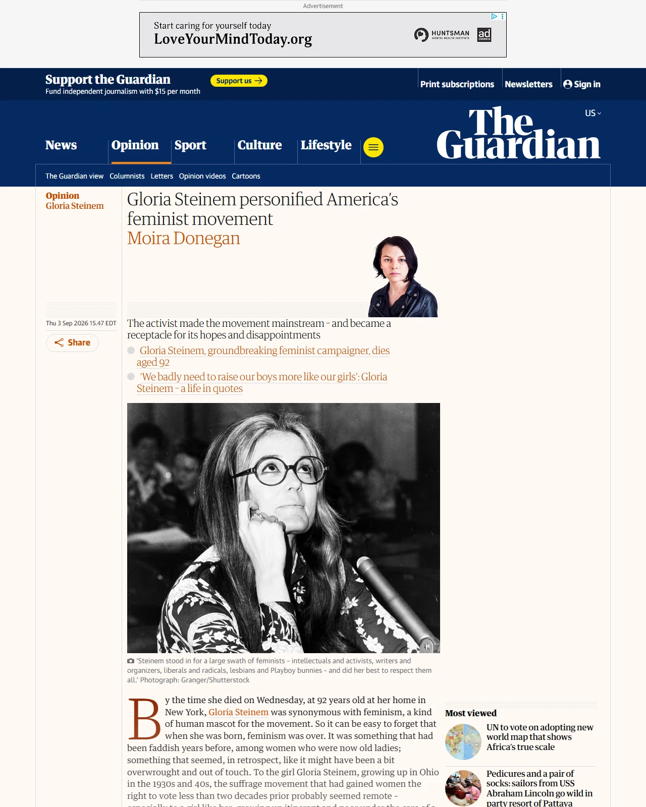 theguardian.com as published: Gloria Steinem personified America’s feminist movement | Moira Donegan