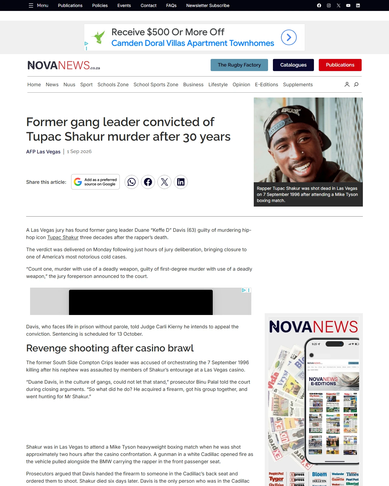 novanews.co.za as published: Former gang leader convicted of Tupac Shakur murder after 30 years